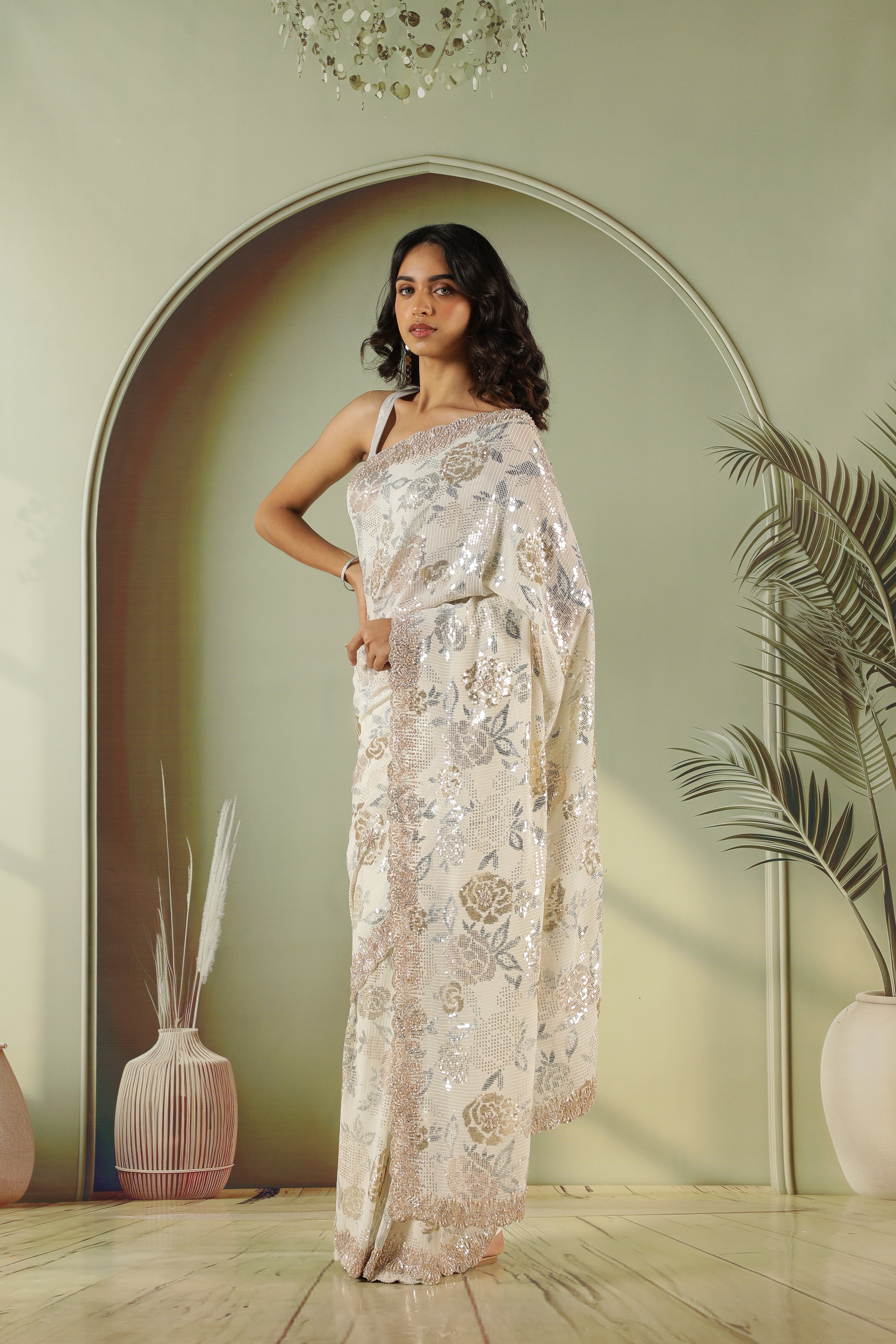 Off White Georgette Saree with Gold & Silver Sequin Jaal