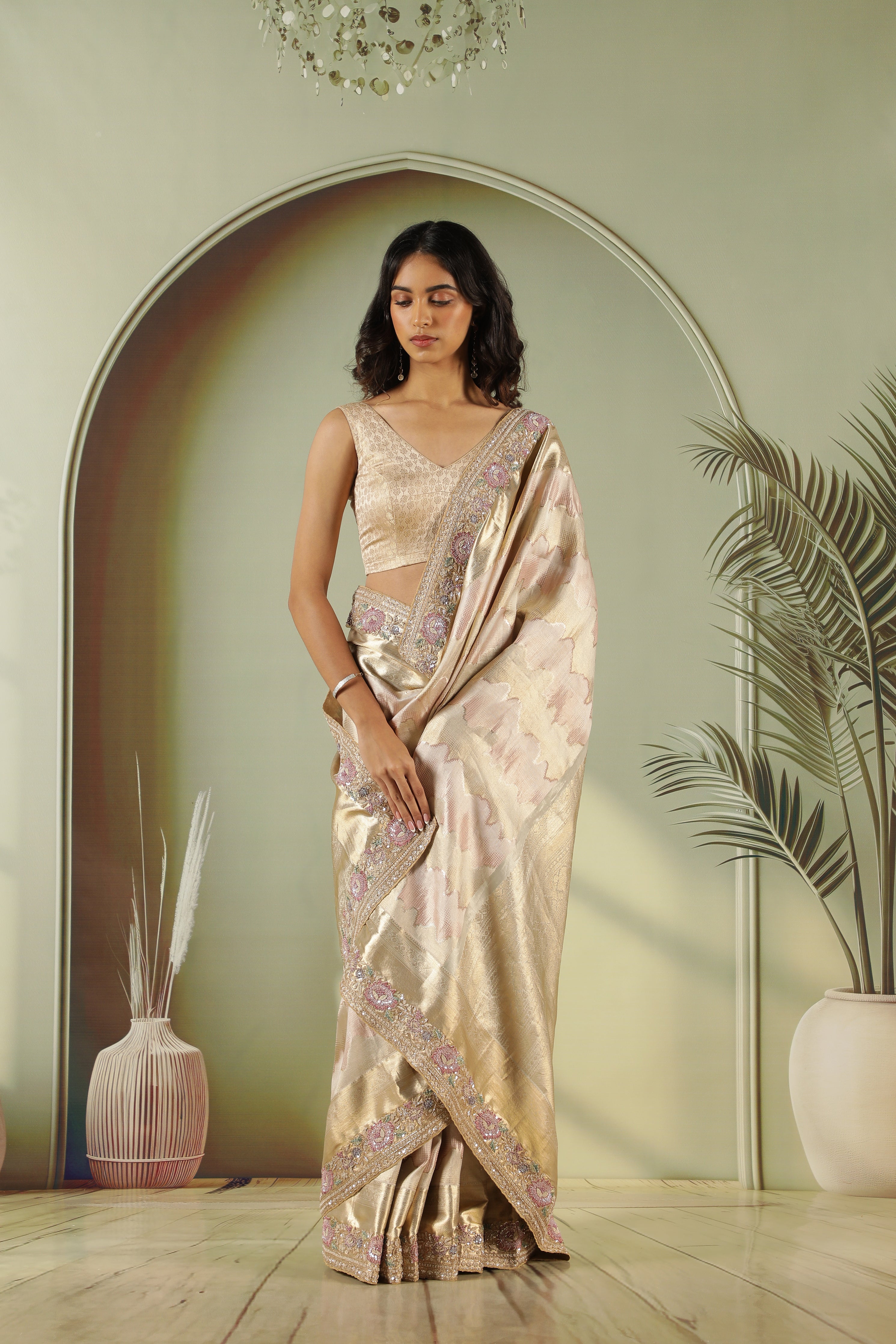 Gold & Pink Kanchivaram Silk Saree with Zari Weaving