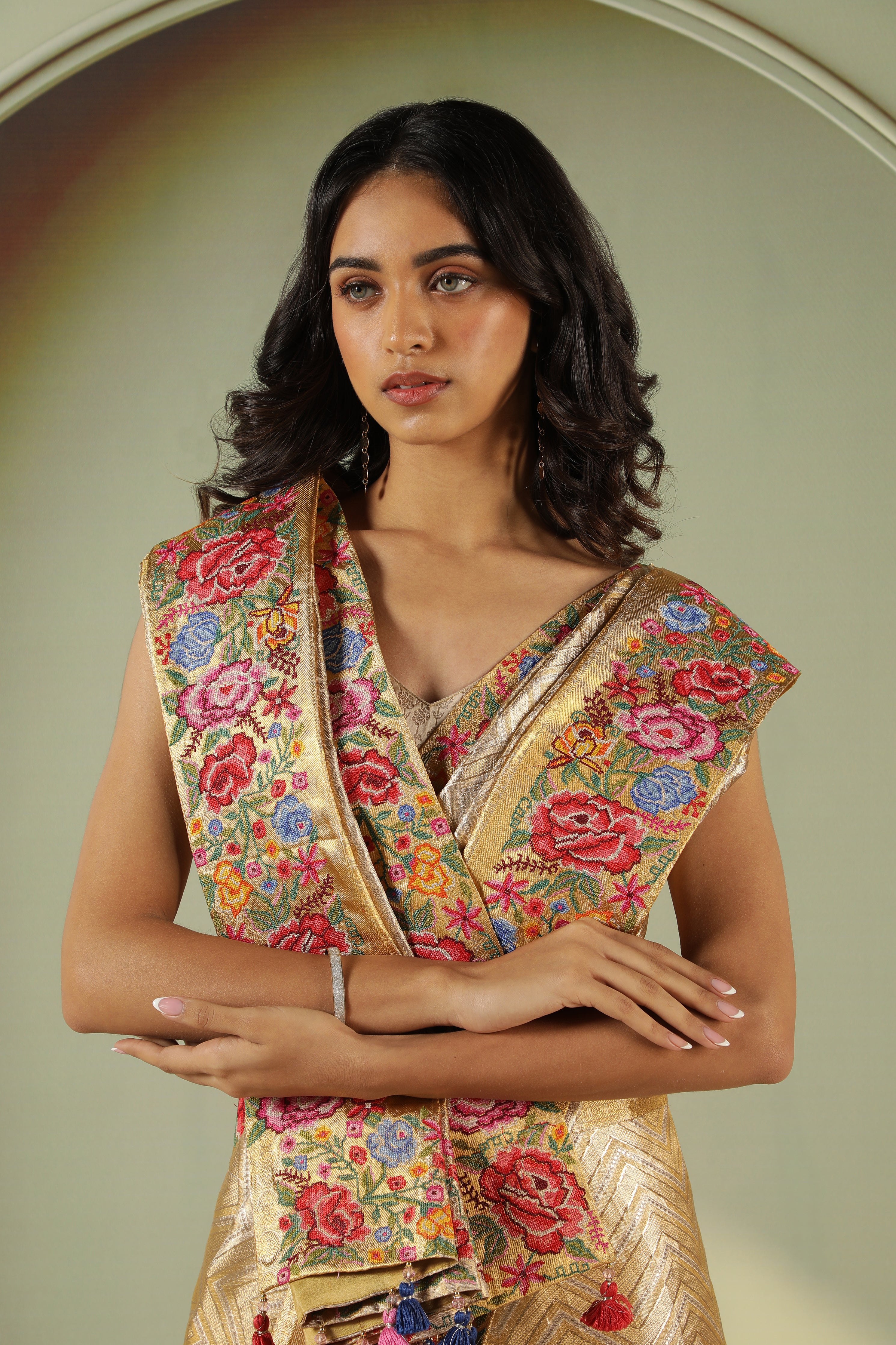 Gold Kanchivaram Silk Saree with Floral Convent Work