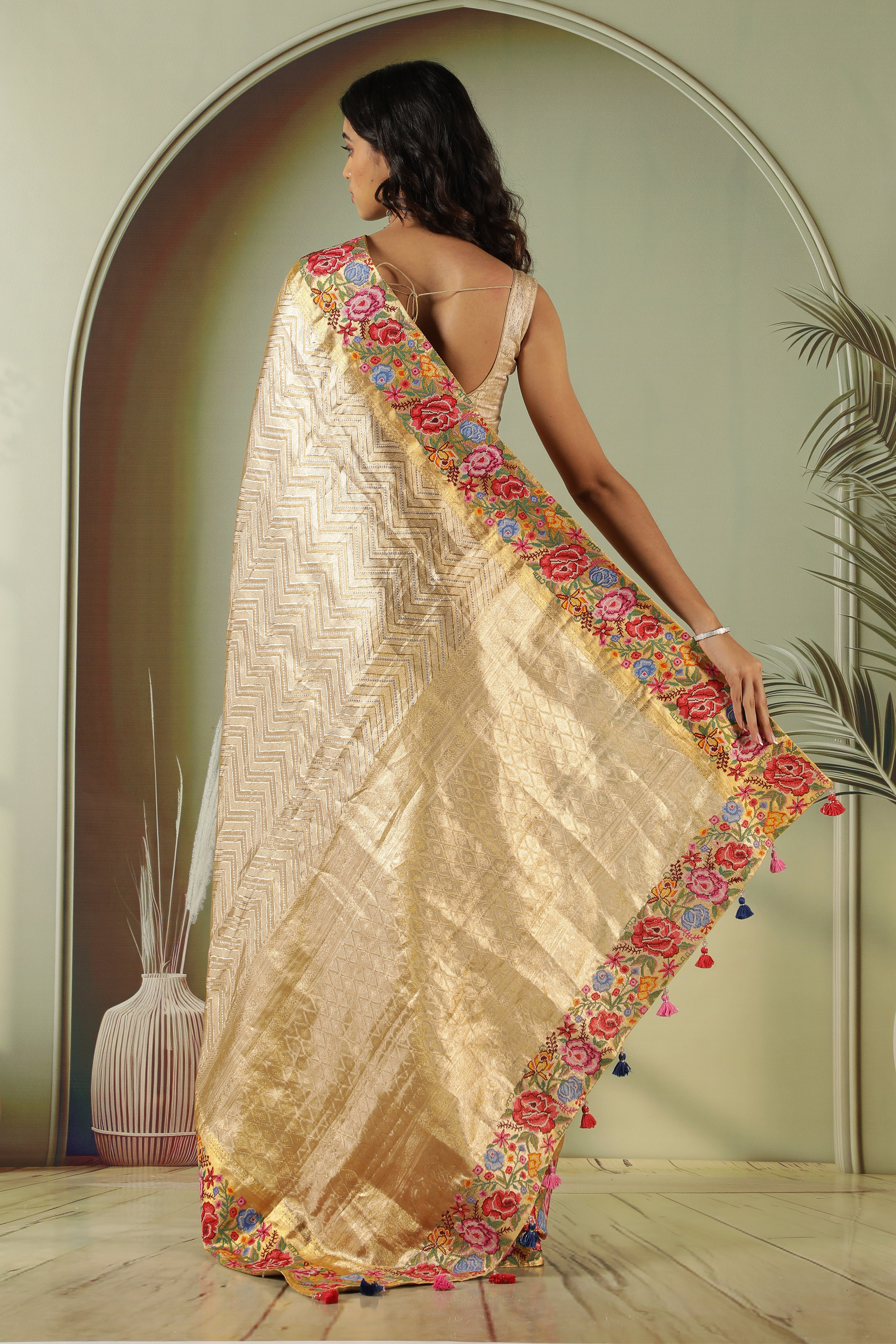 Gold Kanchivaram Silk Saree with Floral Convent Work