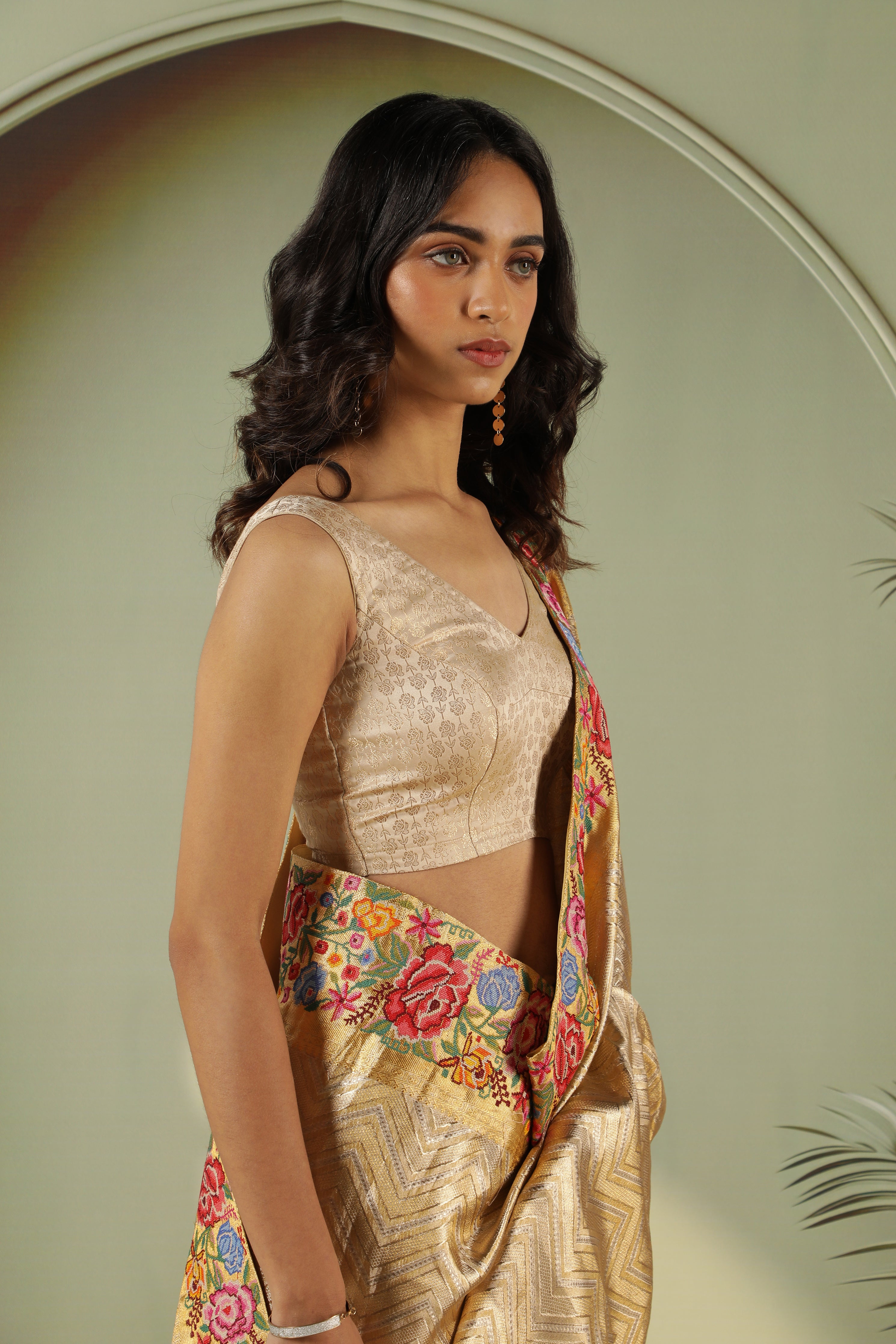 Gold Kanchivaram Silk Saree with Floral Convent Work