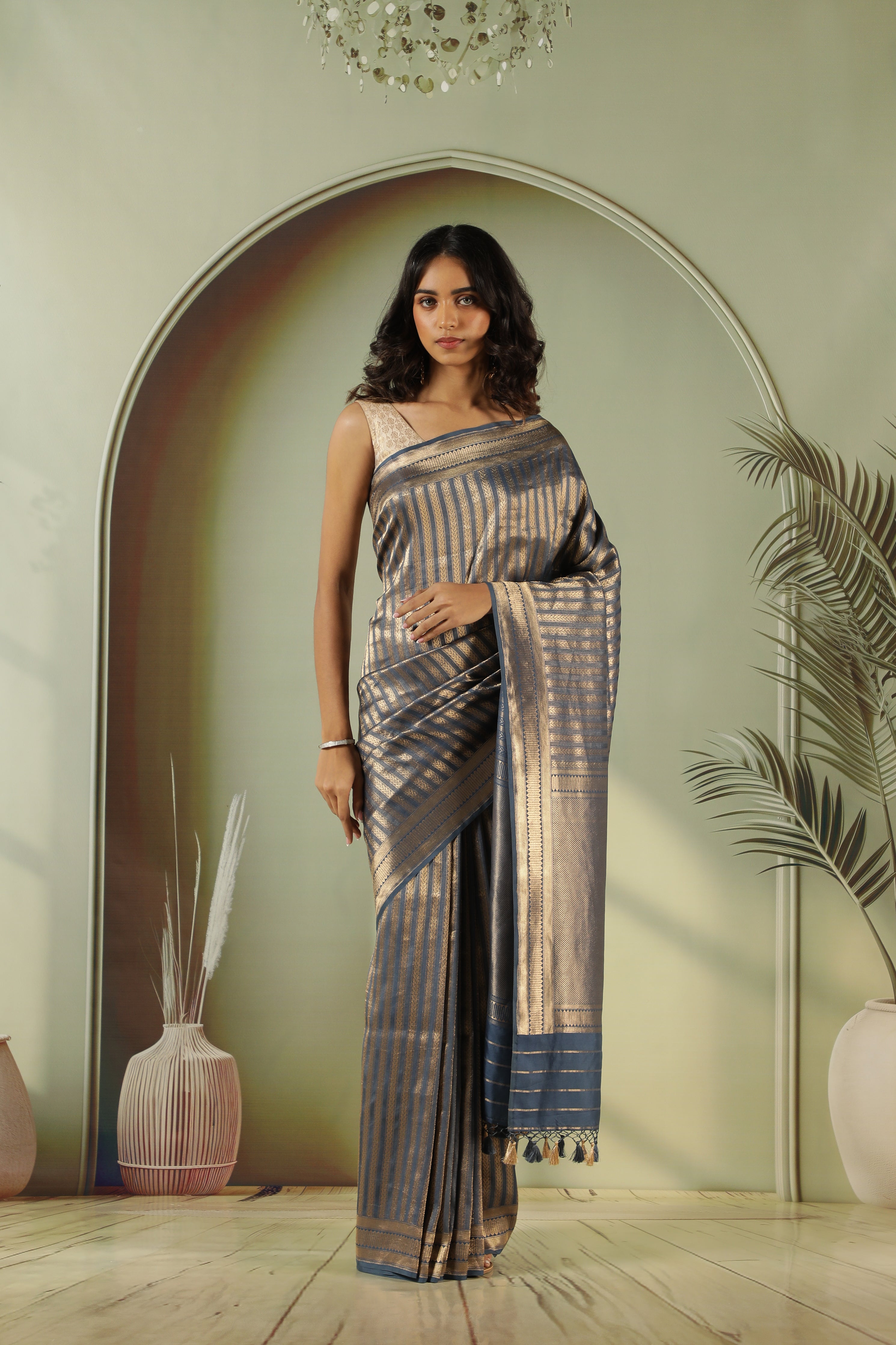 MS Blue Banarasi Silk Saree with Golden Zari Stripes & Classic Zari Border