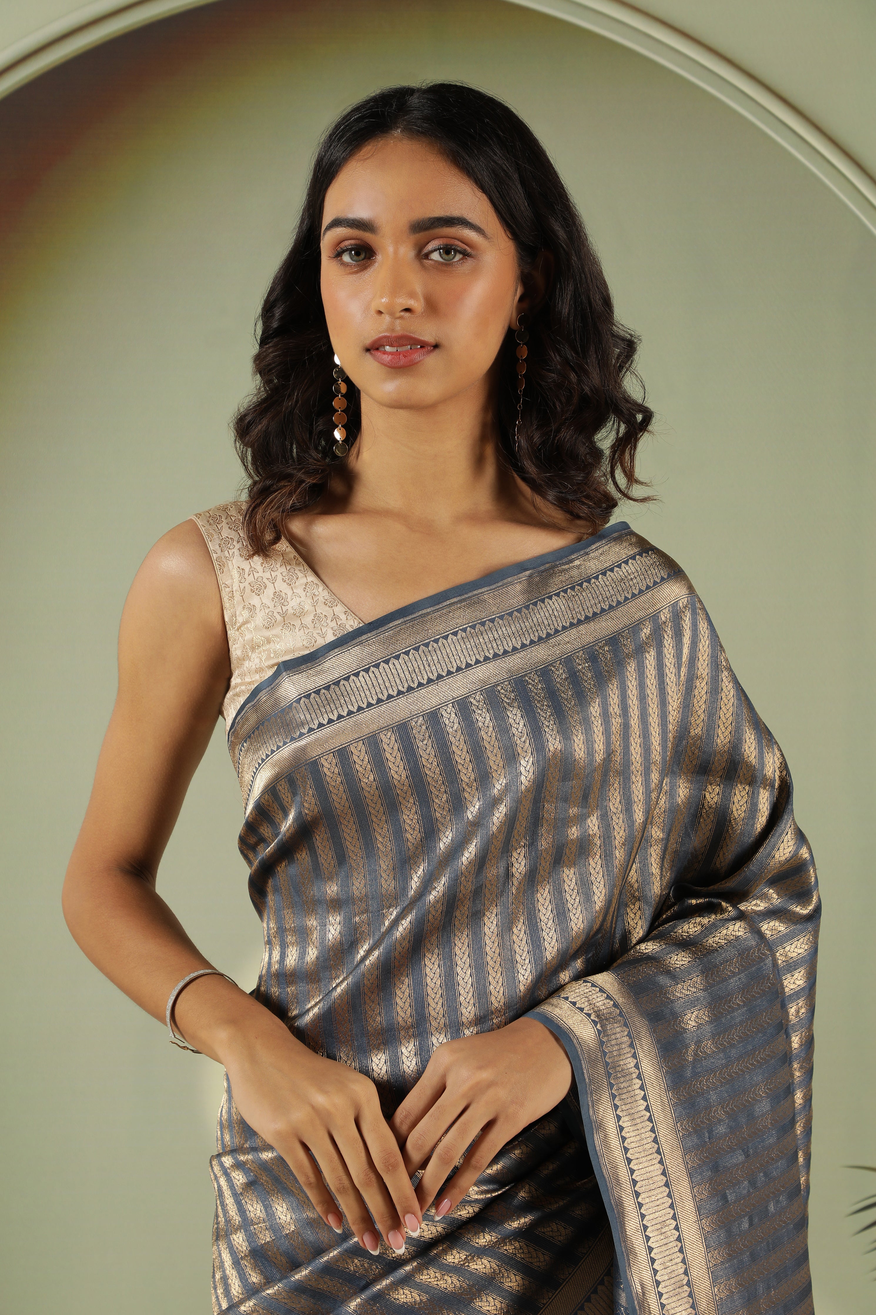 MS Blue Banarasi Silk Saree with Golden Zari Stripes & Classic Zari Border