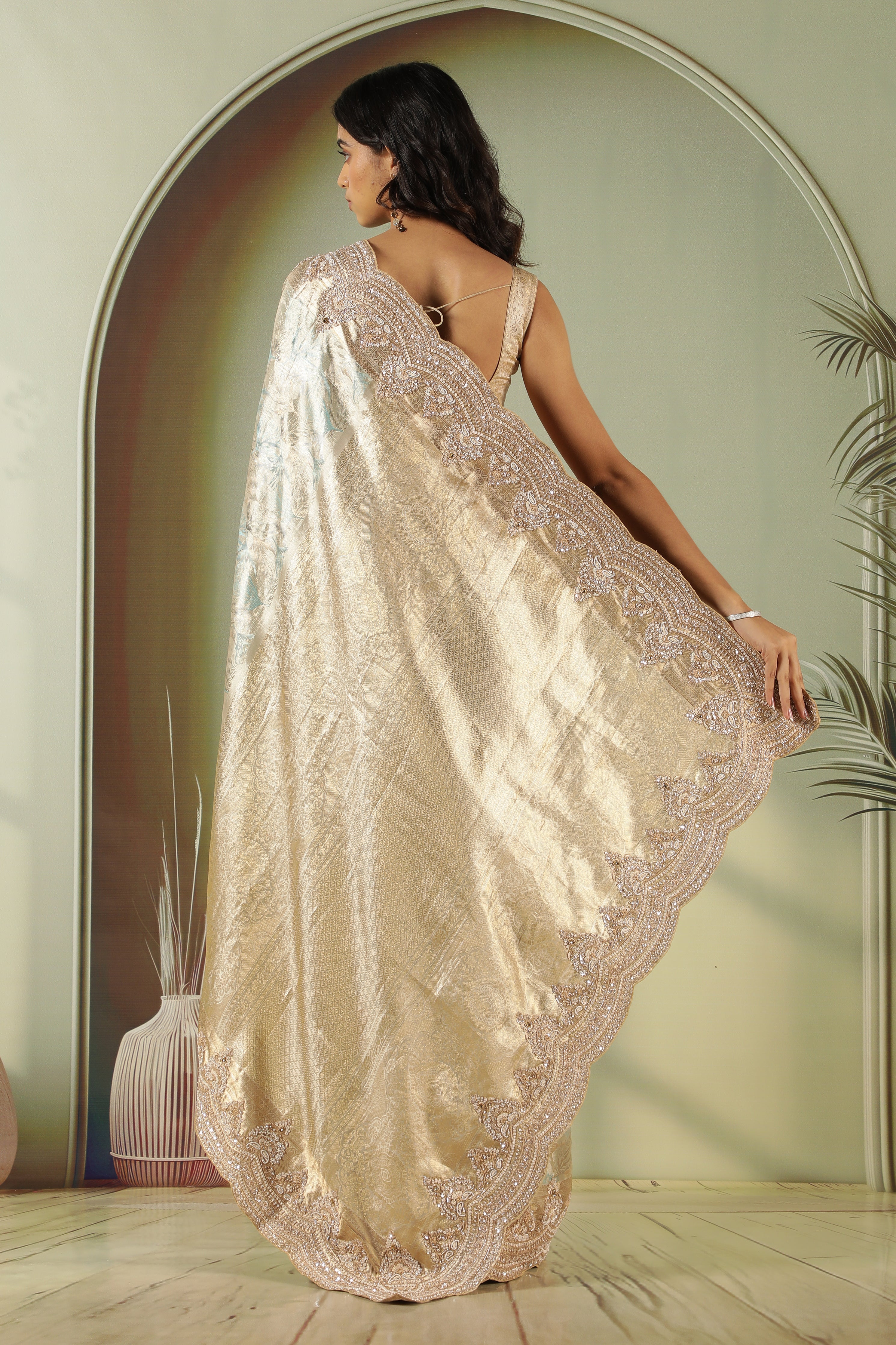 Silver Kanchivaram Silk Saree with Pearl Jardhosi Border