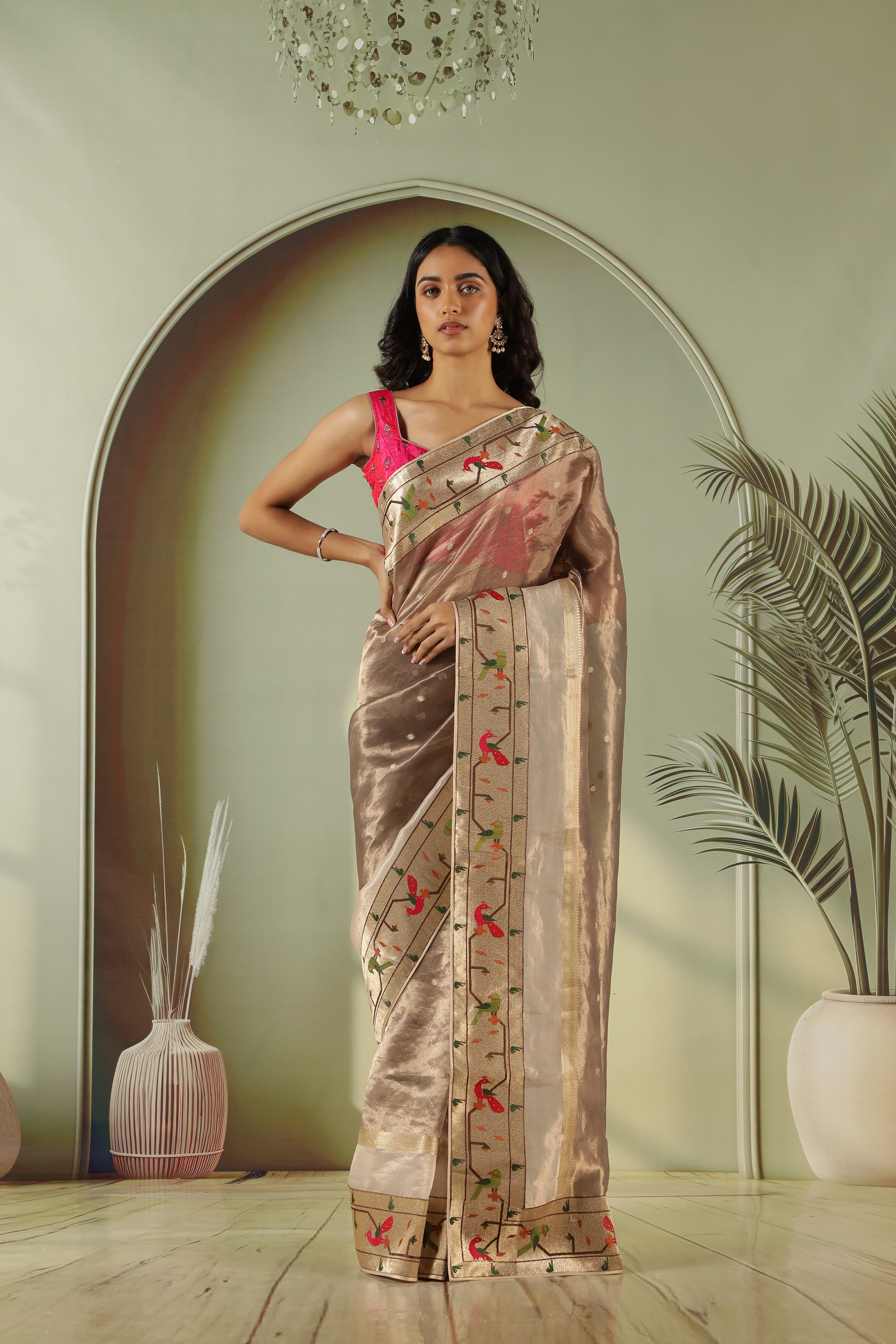 Elegant Grey Tissue Saree with Paithani Border & Contrast Red Blouse