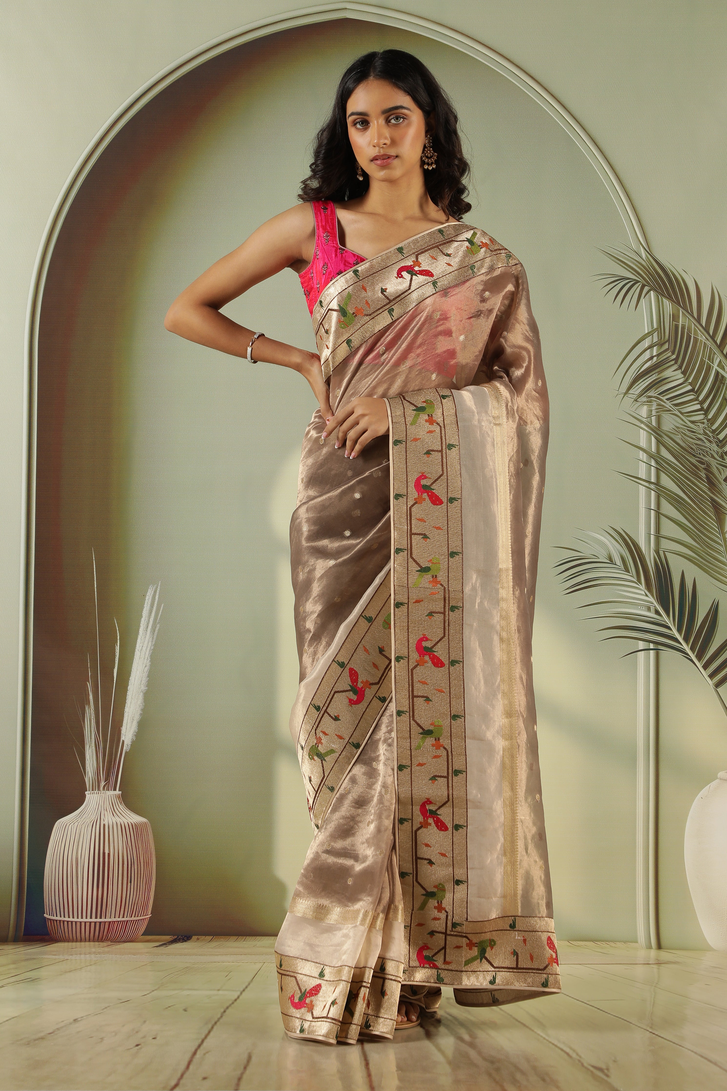 Elegant Grey Tissue Saree with Paithani Border & Contrast Red Blouse