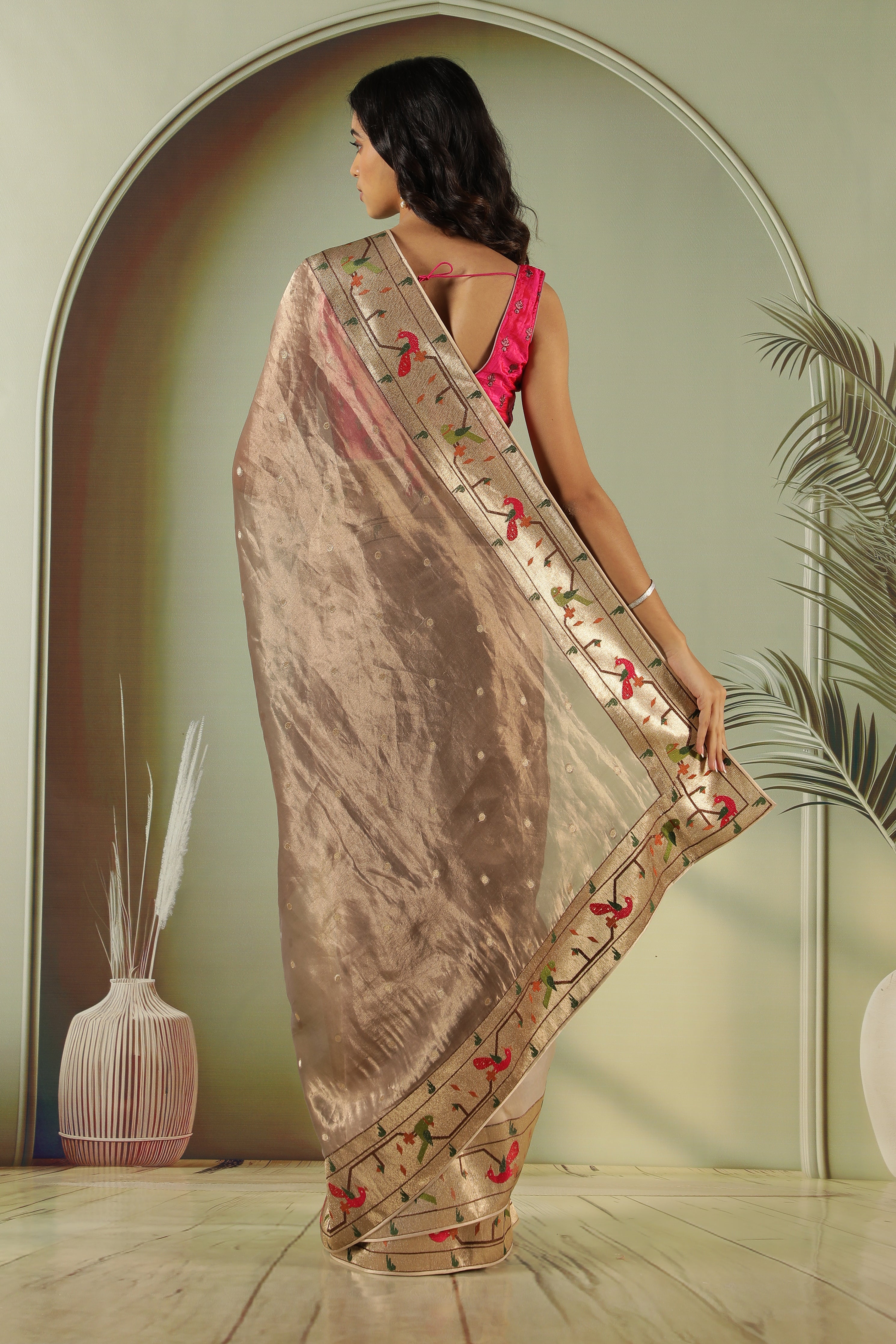 Elegant Grey Tissue Saree with Paithani Border & Contrast Red Blouse