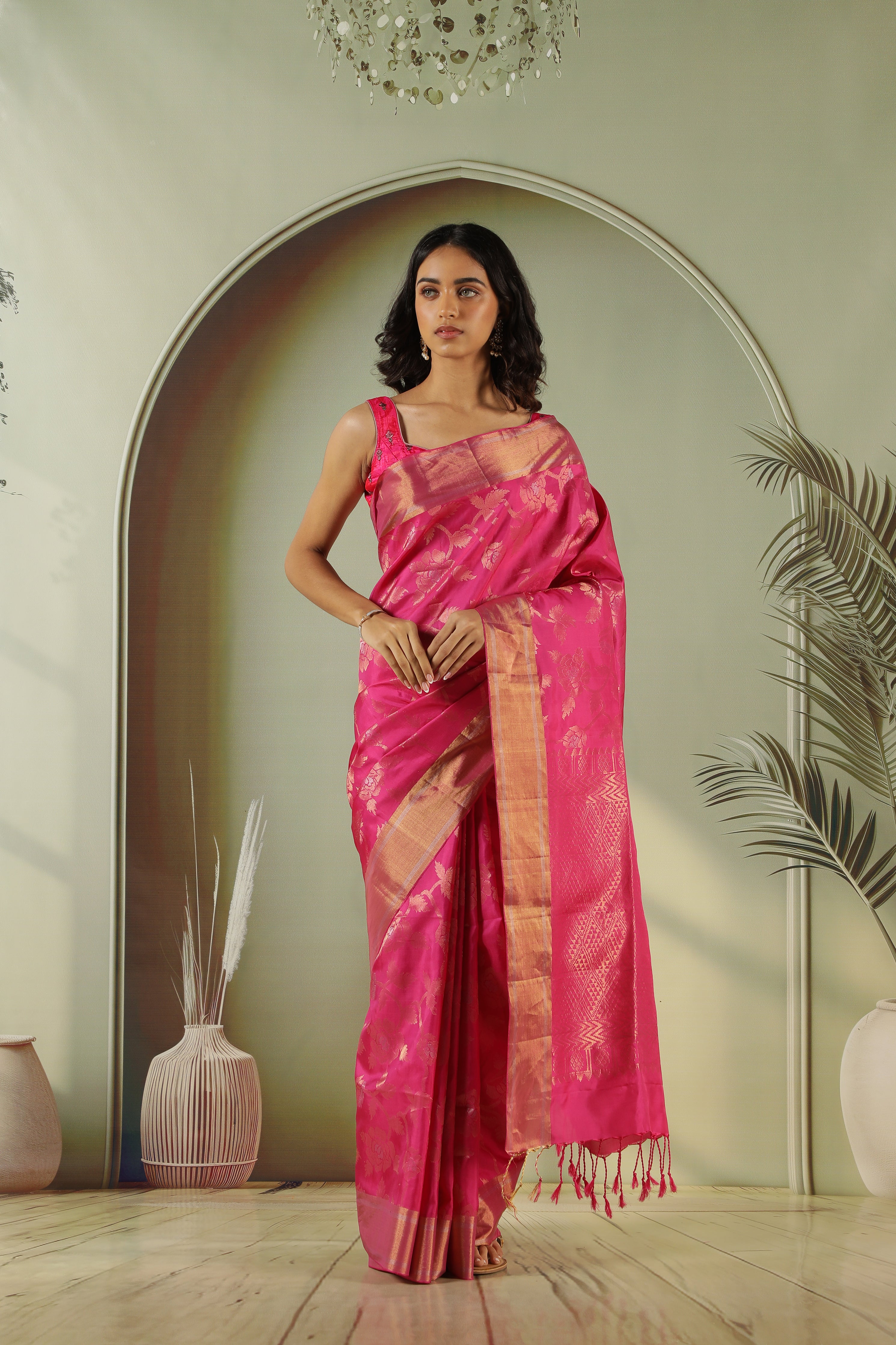 Rani Pink Soft Silk Saree with All-Over Zari Jaal & Border