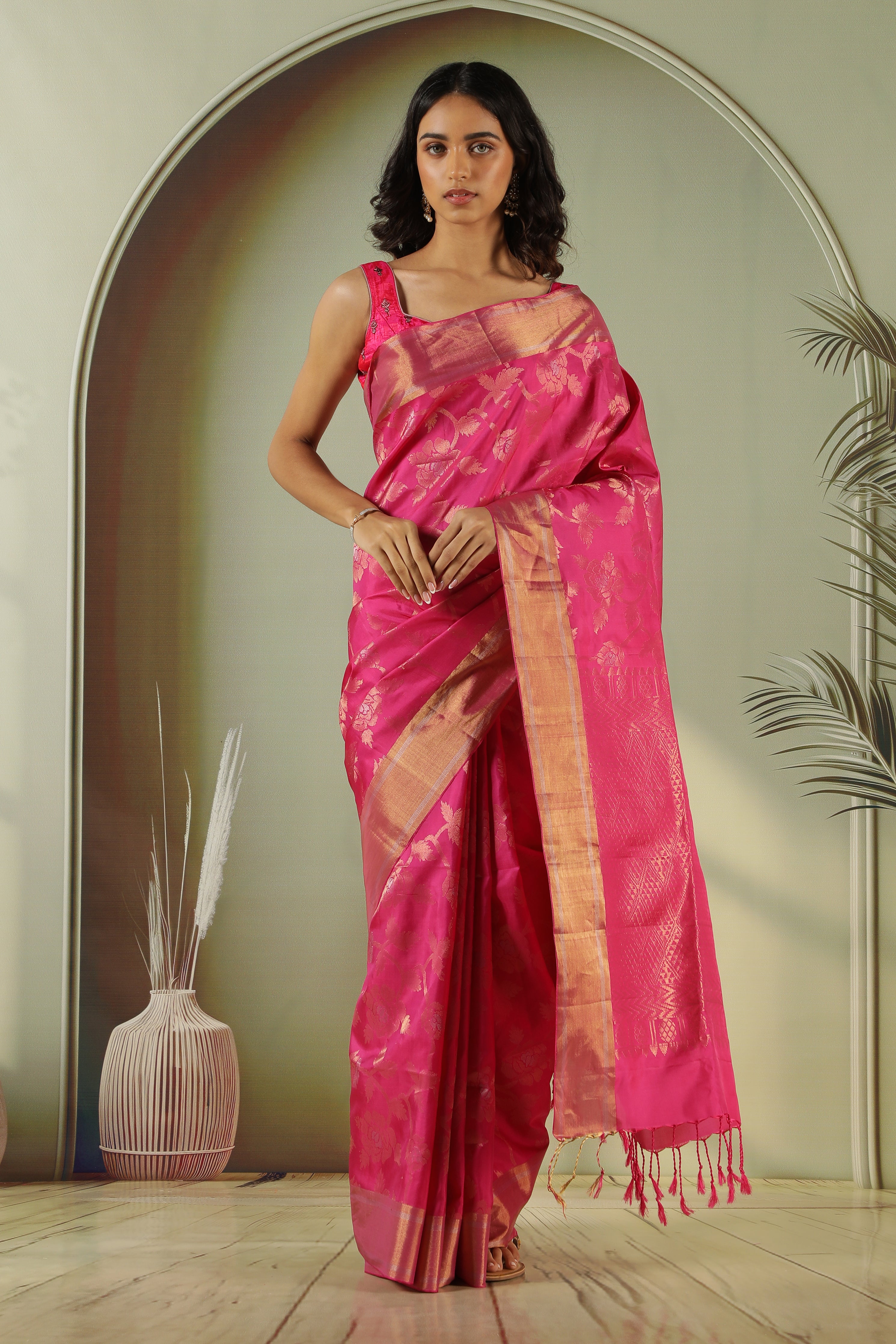 Rani Pink Soft Silk Saree with All-Over Zari Jaal & Border