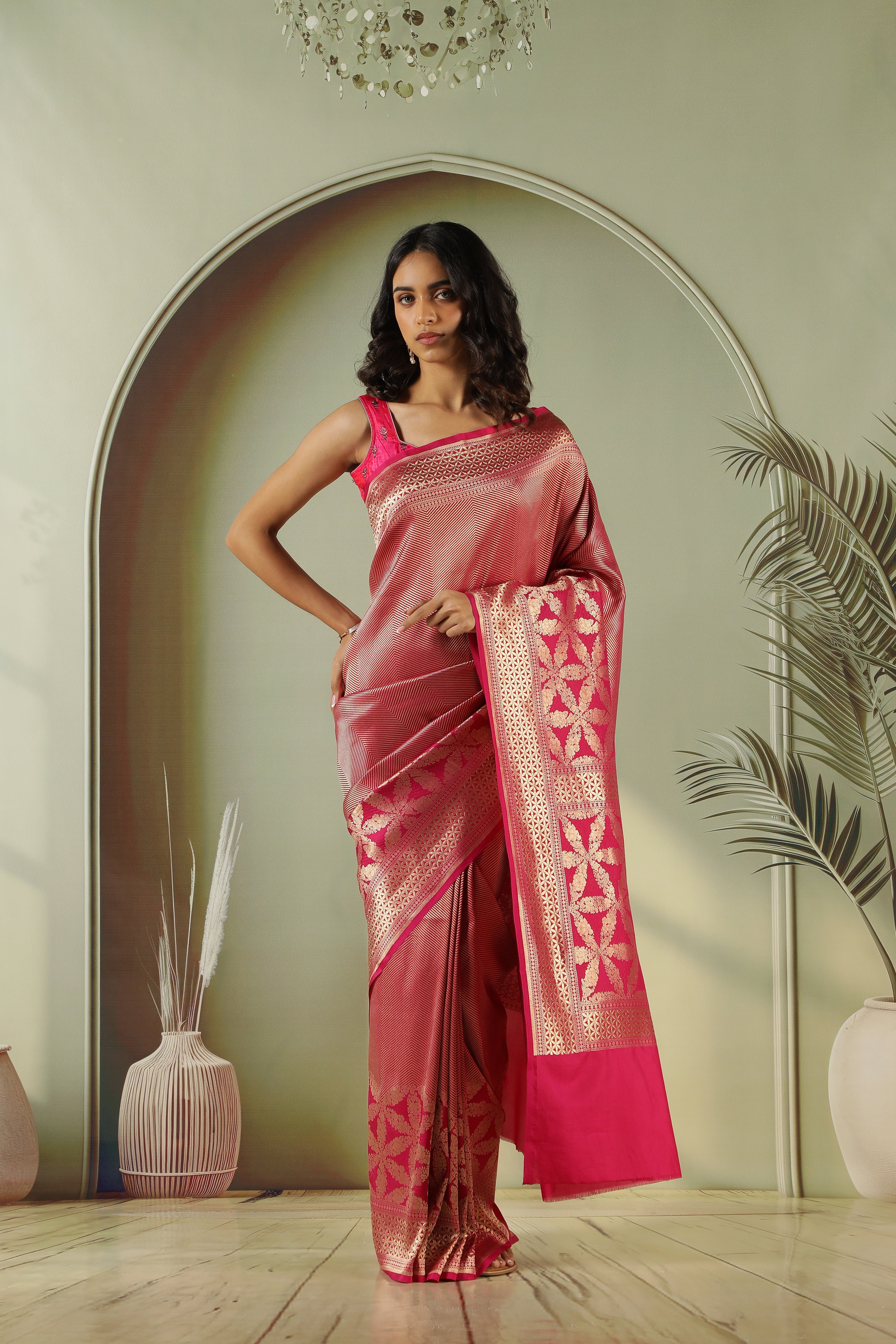 Rani Pink Banarasi Silk Saree with Intricate Zari Weaving & Fancy Long Border