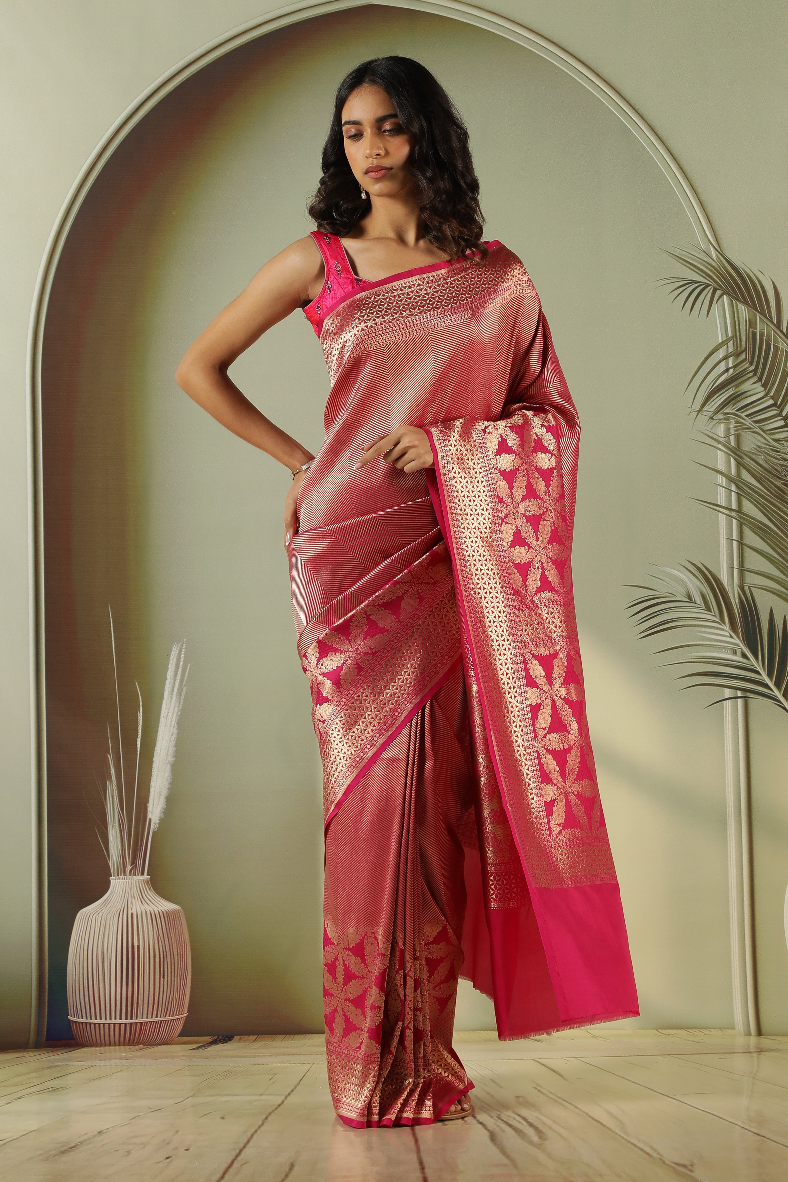 Rani Pink Banarasi Silk Saree with Intricate Zari Weaving & Fancy Long Border