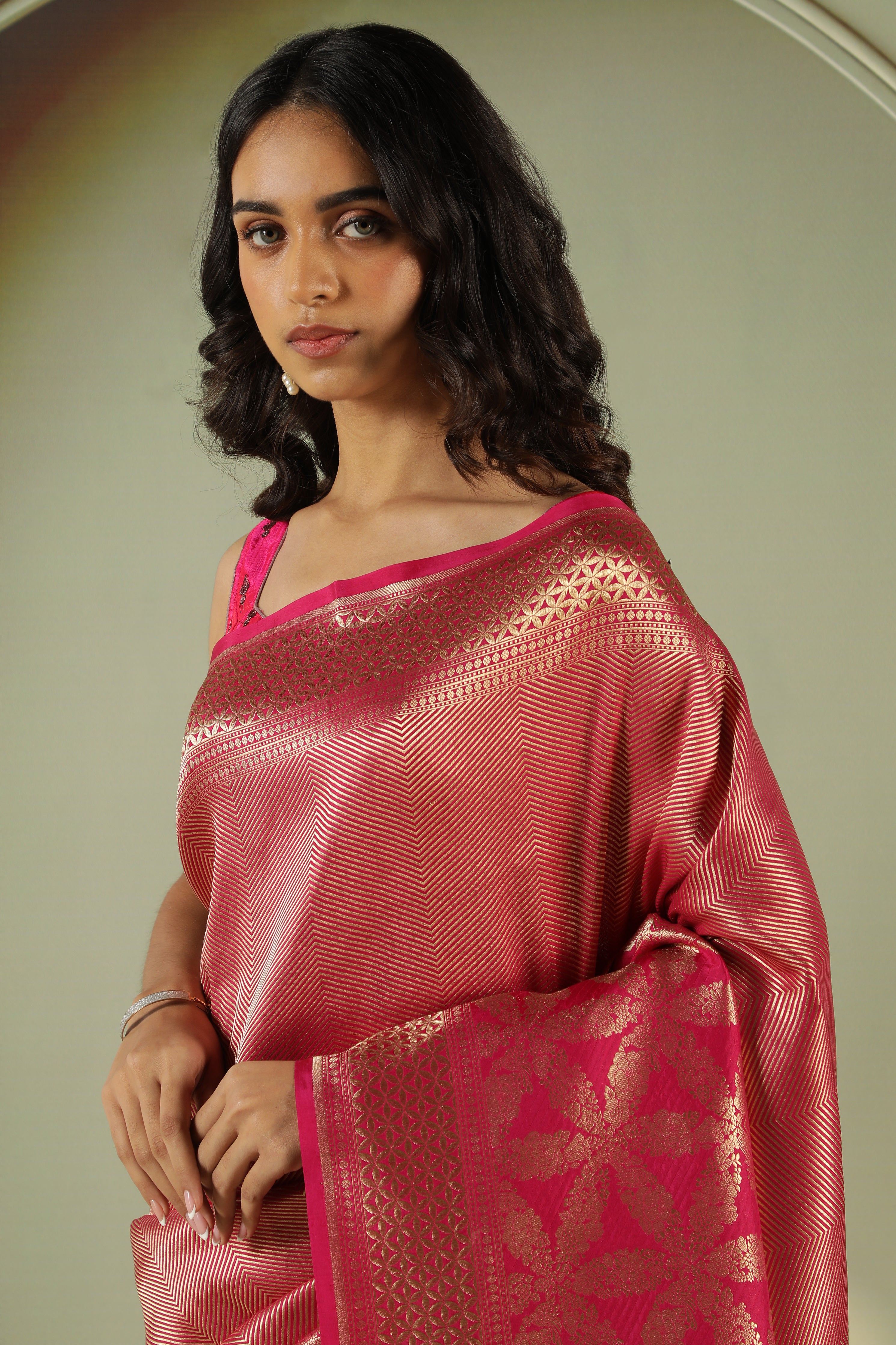 Rani Pink Banarasi Silk Saree with Intricate Zari Weaving & Fancy Long Border