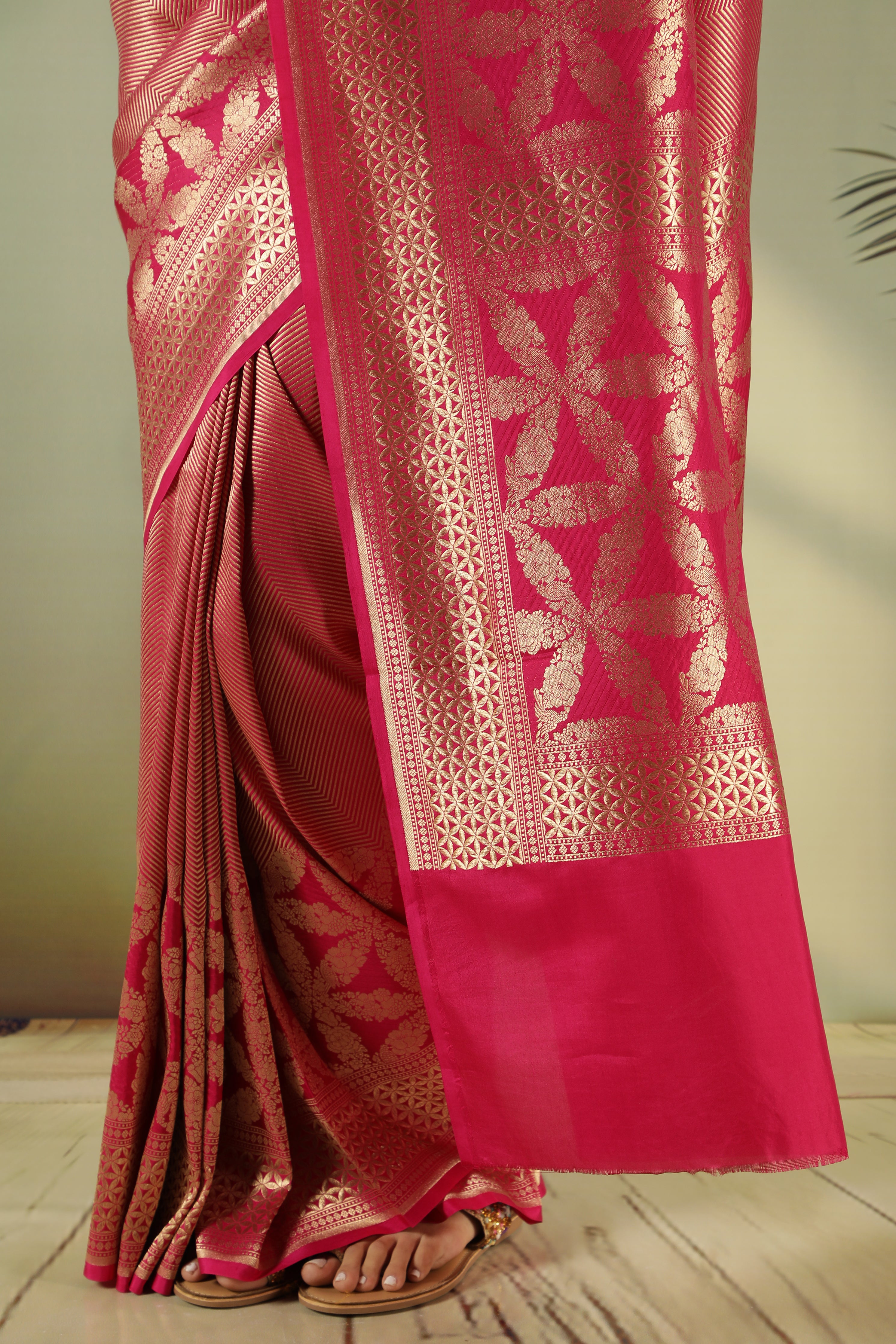 Rani Pink Banarasi Silk Saree with Intricate Zari Weaving & Fancy Long Border