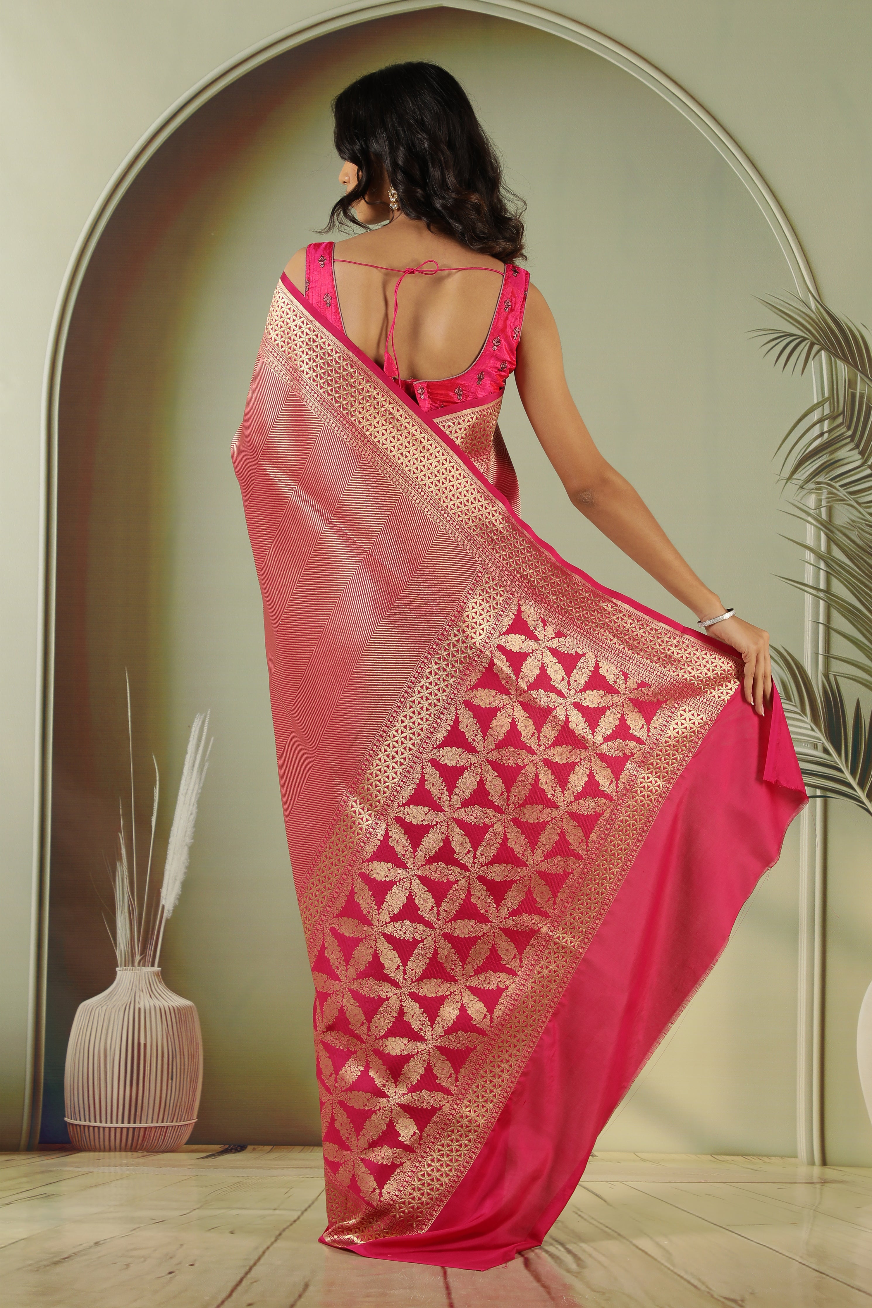 Rani Pink Banarasi Silk Saree with Intricate Zari Weaving & Fancy Long Border
