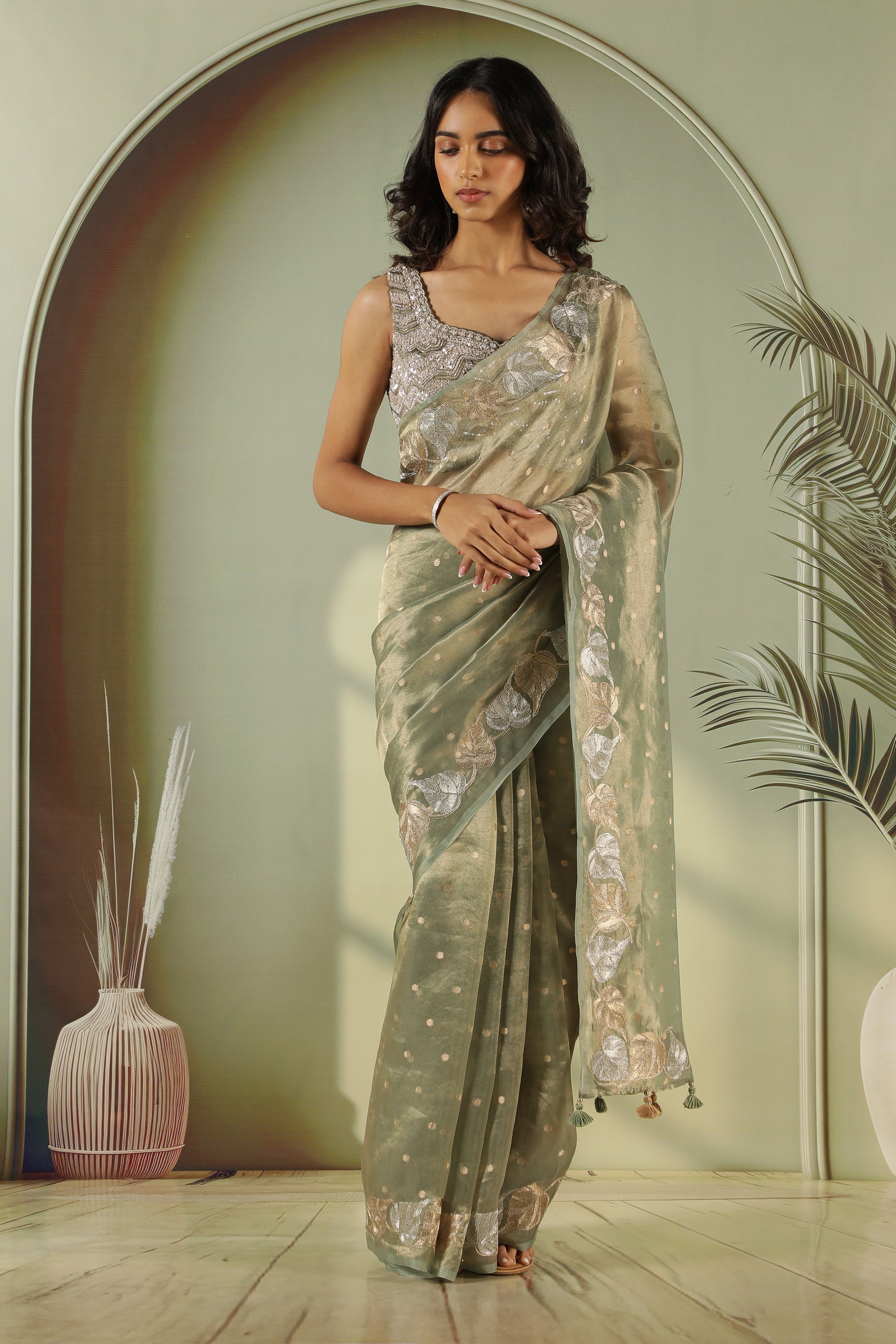 Green Tissue Saree with Zari Butta & Leaf Zari Border