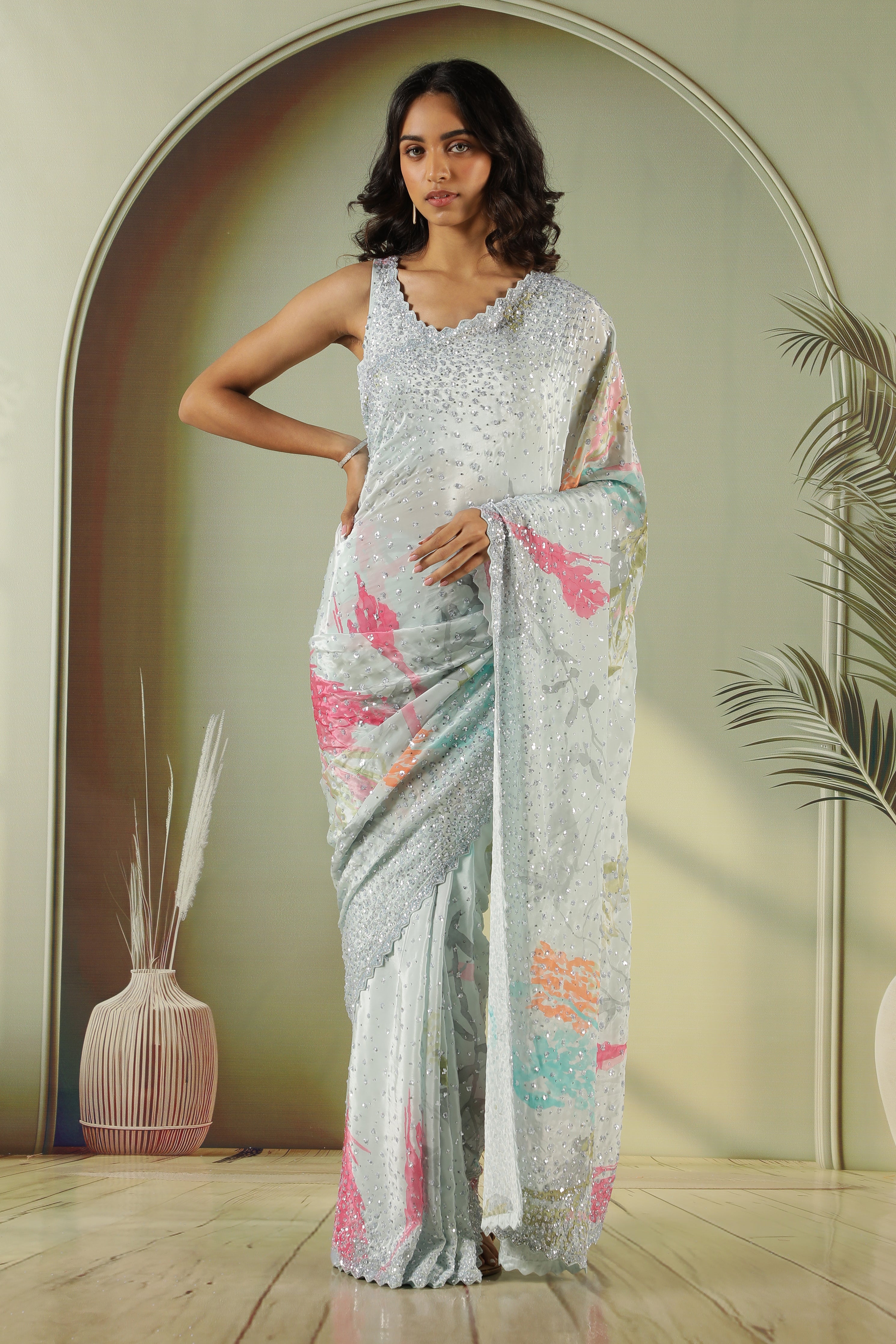 Sea Blue Satin Saree with Sequin Embellishment