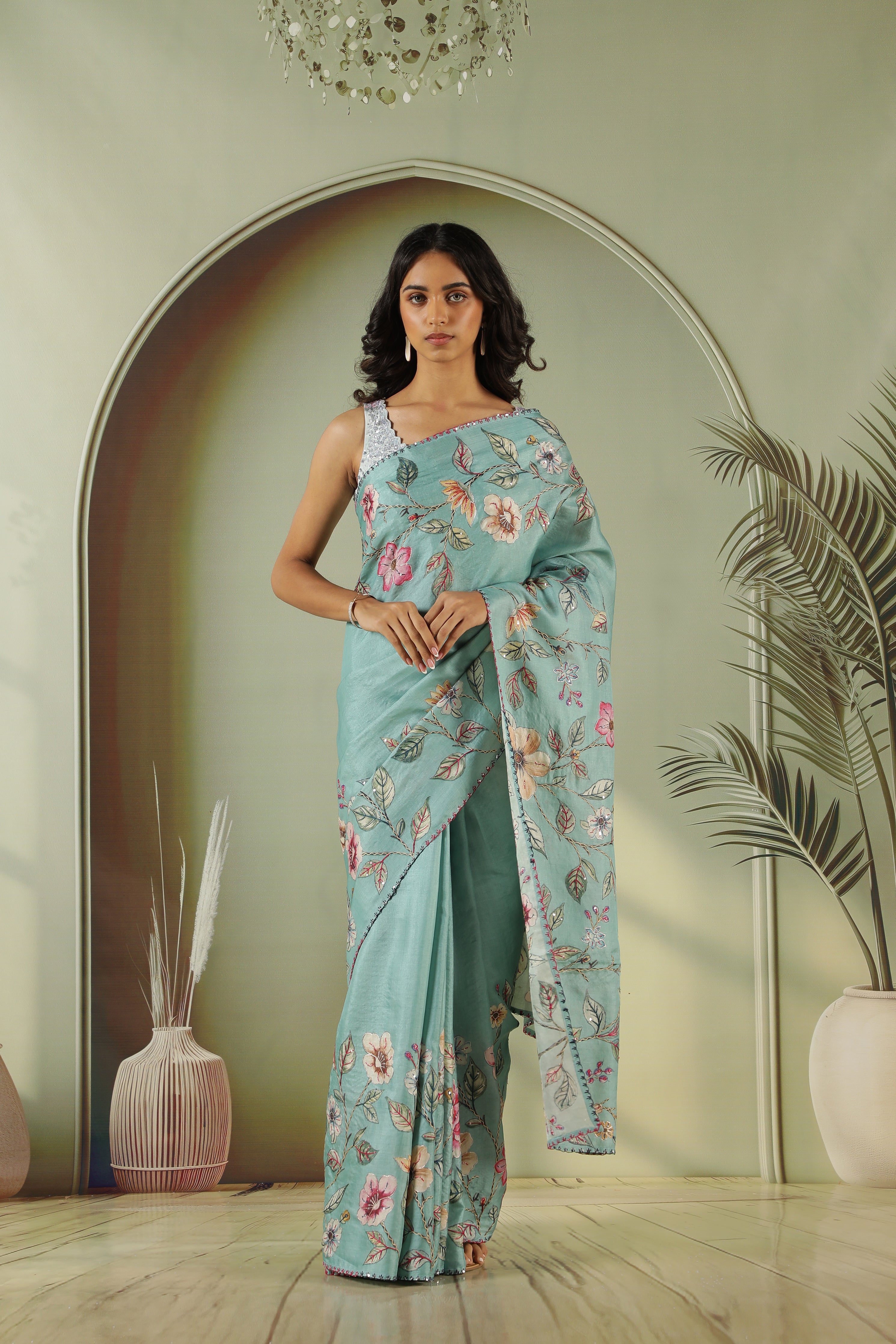 Sky Blue Tussar Silk Saree with Embroidery & Zari Work