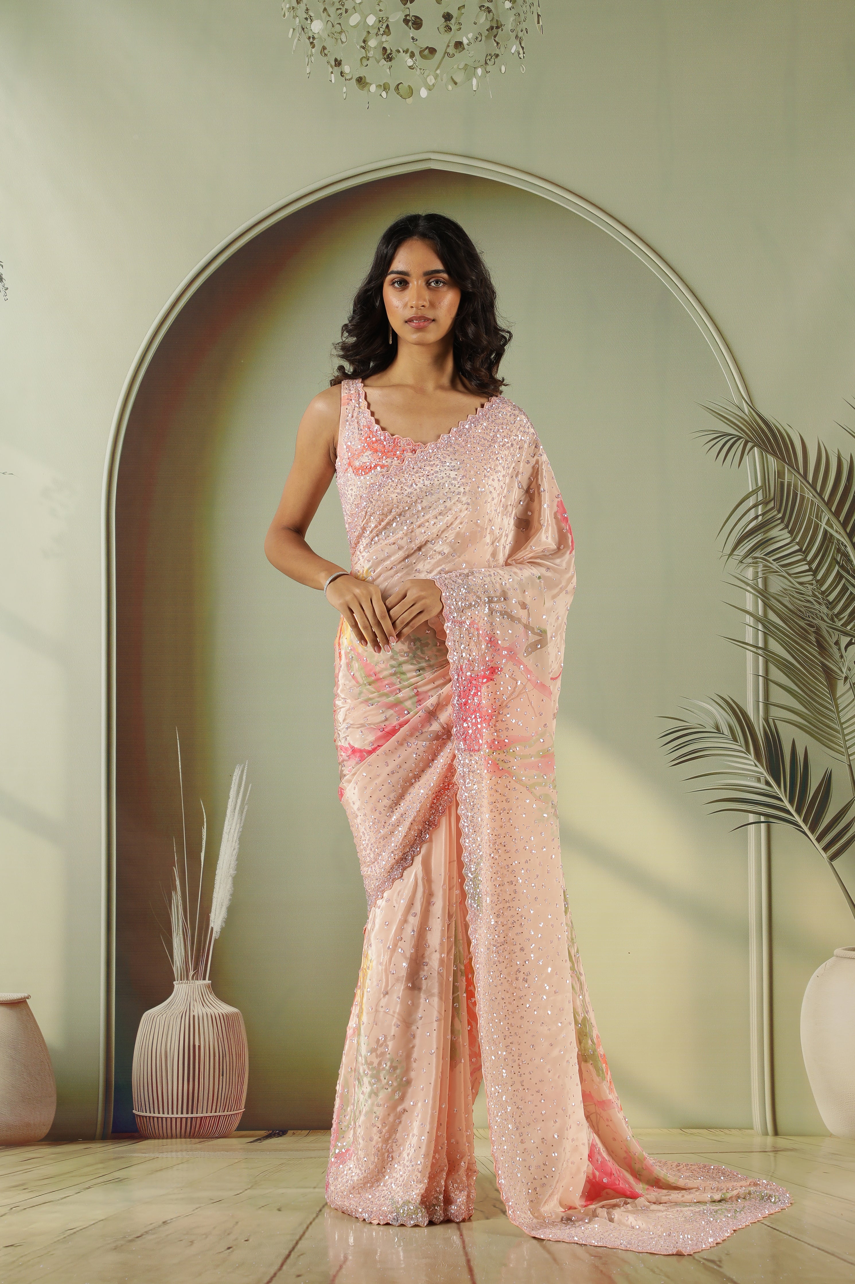 Peach Satin Printed Saree with Sequins Work & Readymade Blouse