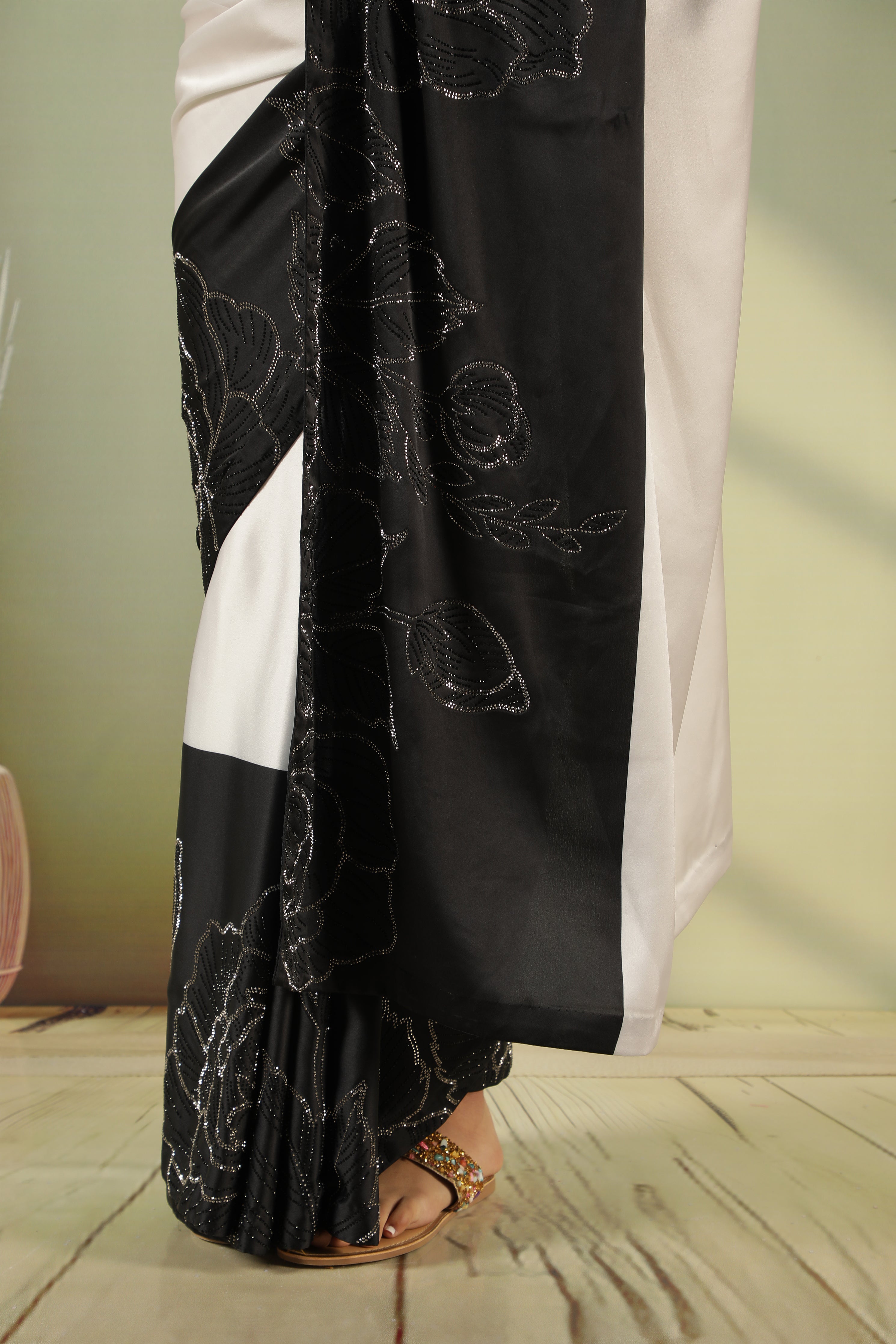 Off-White & Black Satin Saree with Bead Work Border