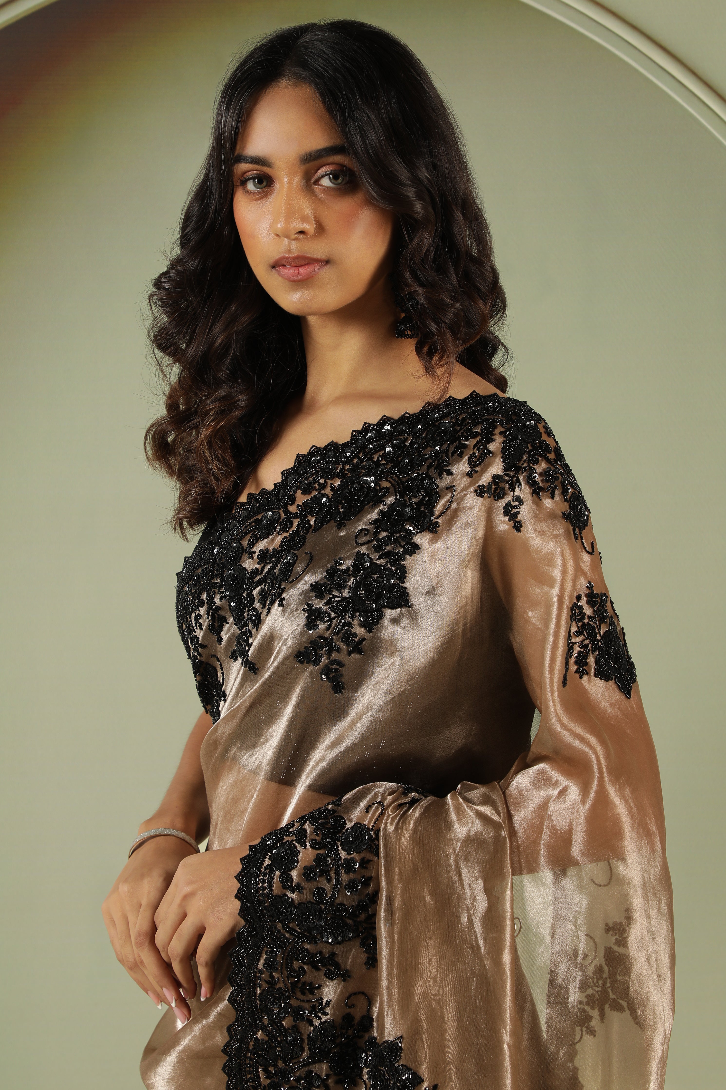 Antique Gold Tissue Saree with Black Bead Border