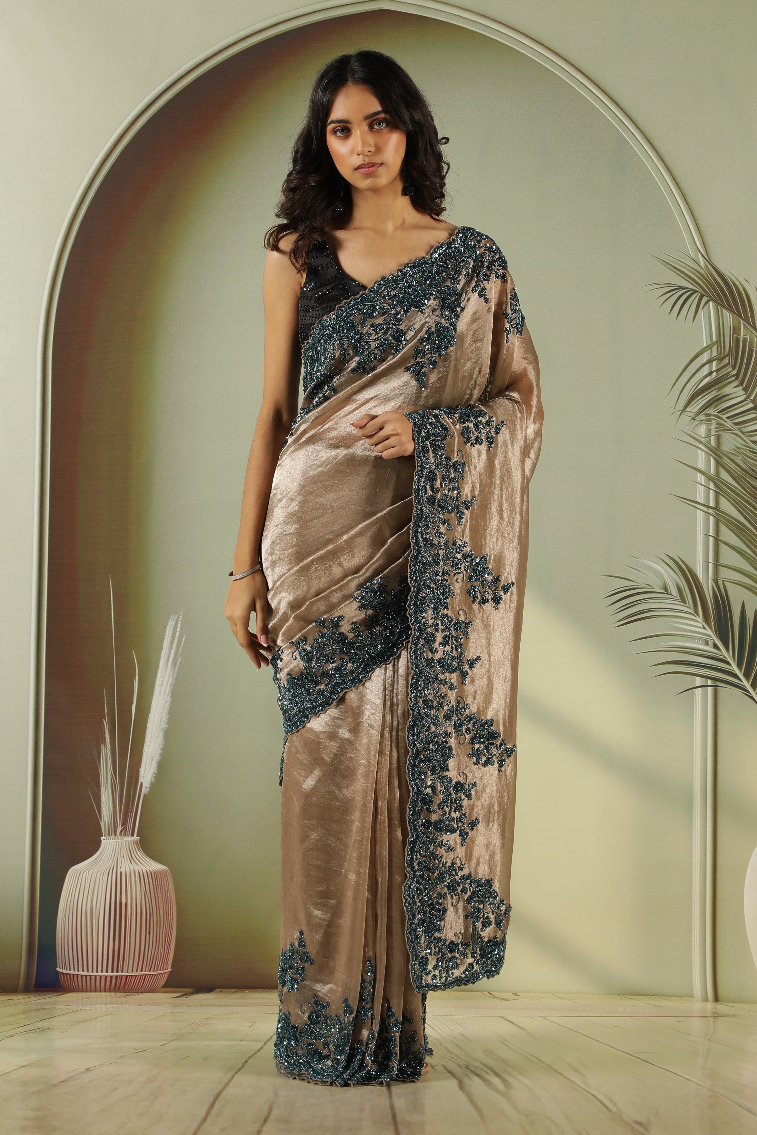 Antique Gold Tissue Saree with Peacock Bead & Sequin Border