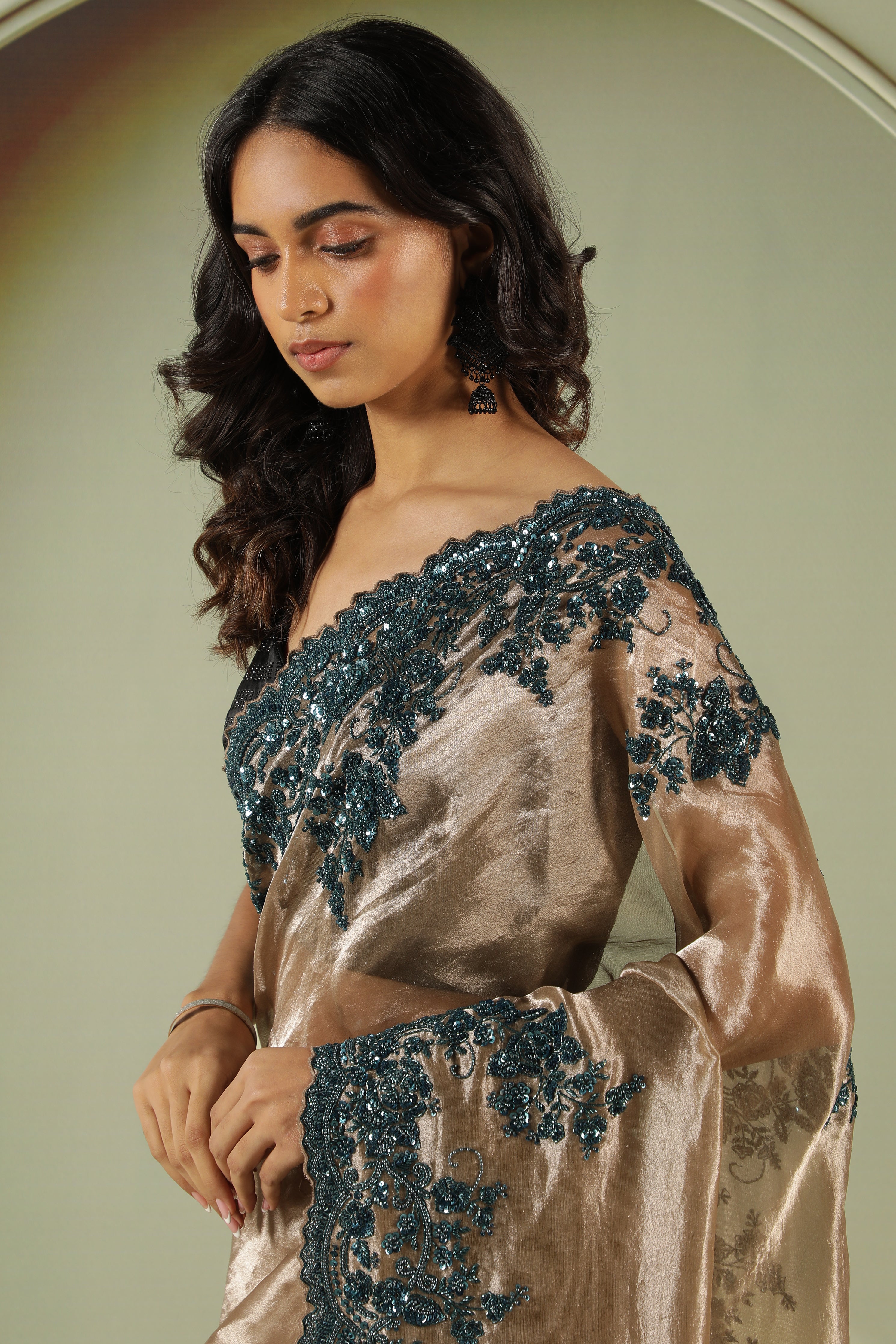 Antique Gold Tissue Saree with Peacock Bead & Sequin Border