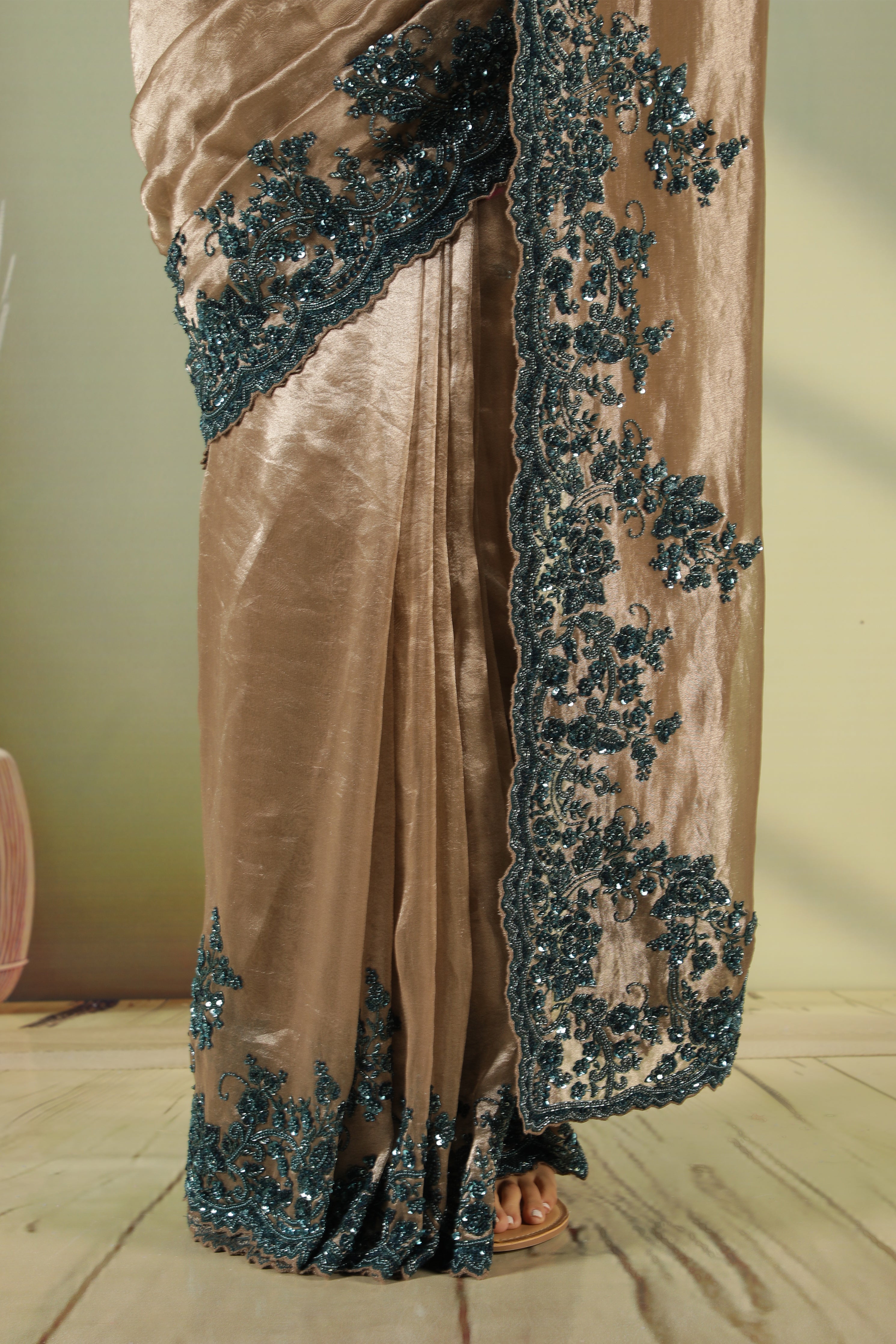 Antique Gold Tissue Saree with Peacock Bead & Sequin Border