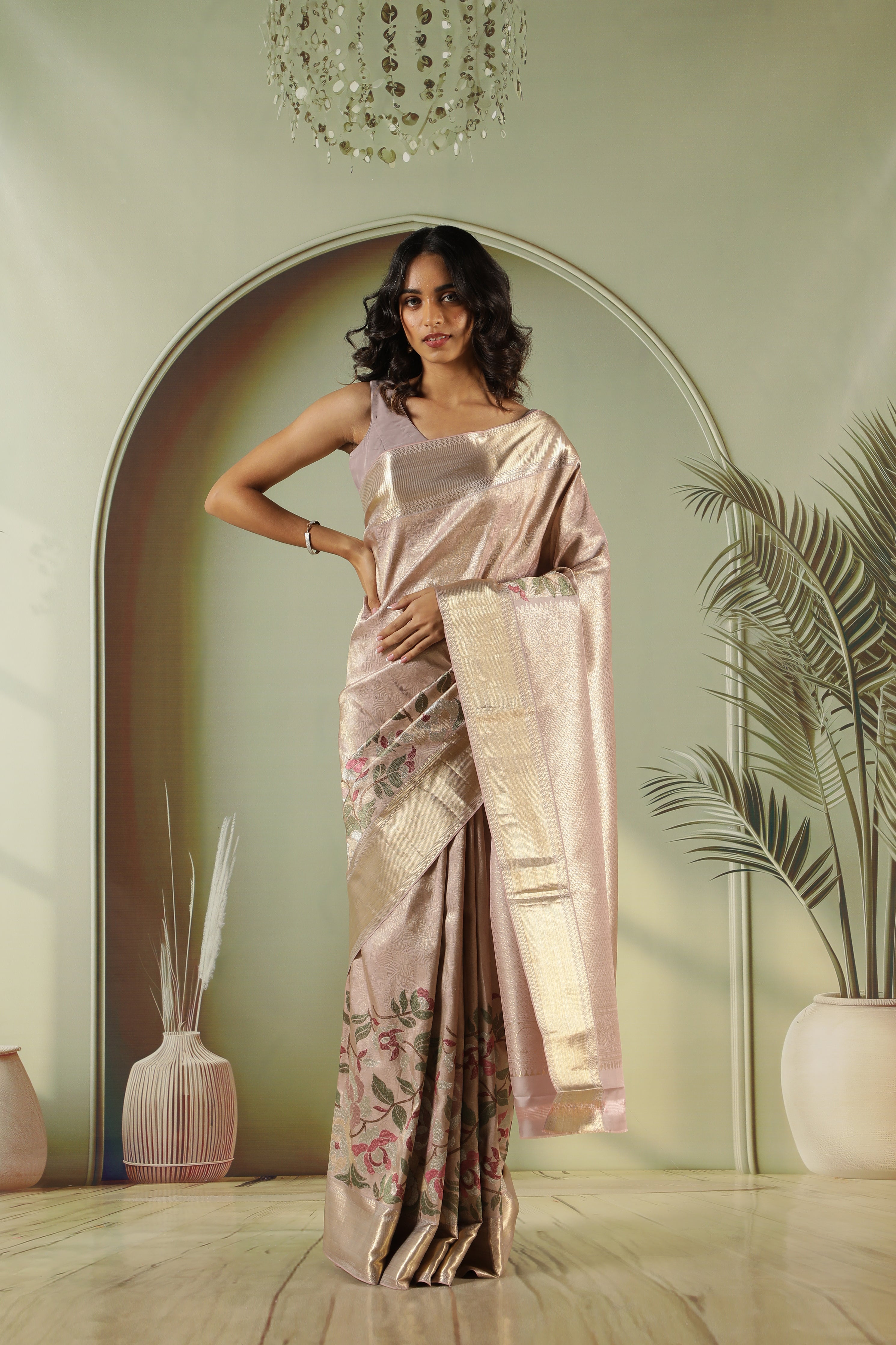 Violet Kanchivaram Silk Saree with Multicolor Zari Border