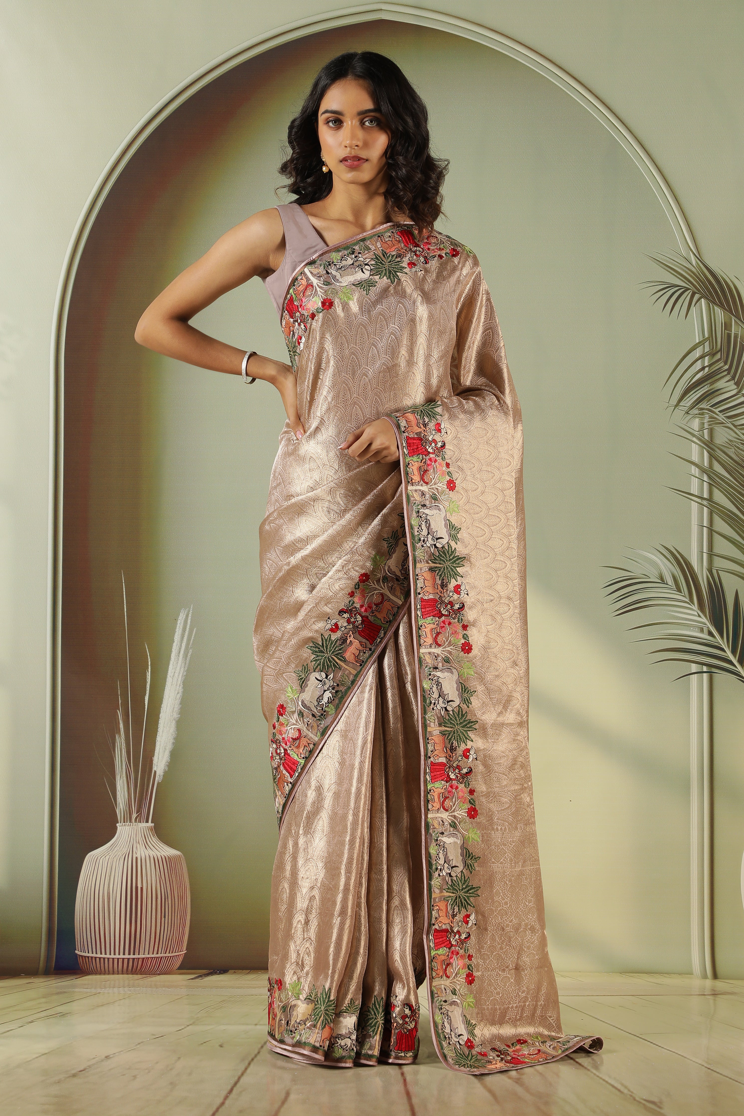 Golden Tissue Saree with Embroidered Border