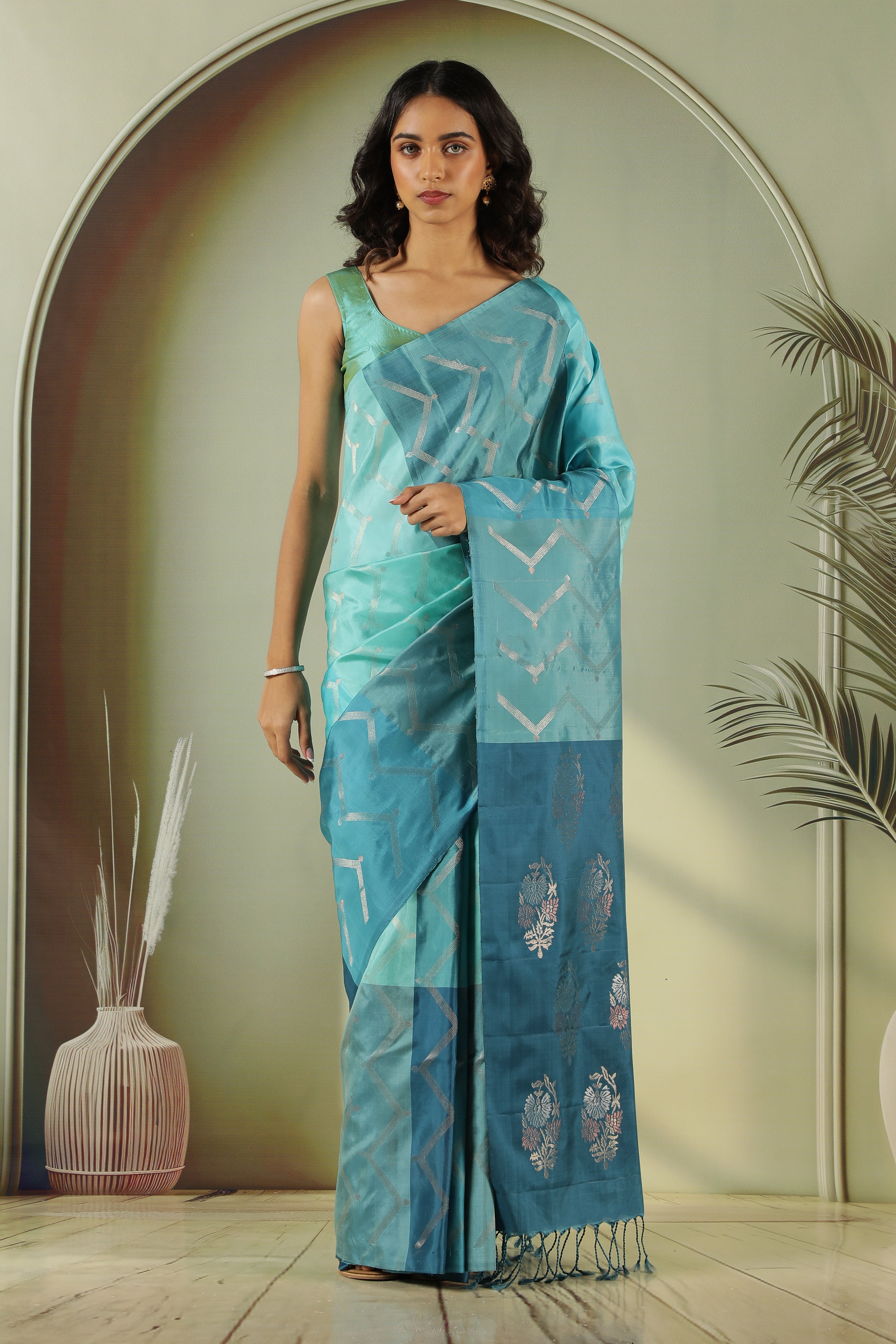 Turquoise Blue Soft Silk Saree with Zari Stripes & Contrast Blouse