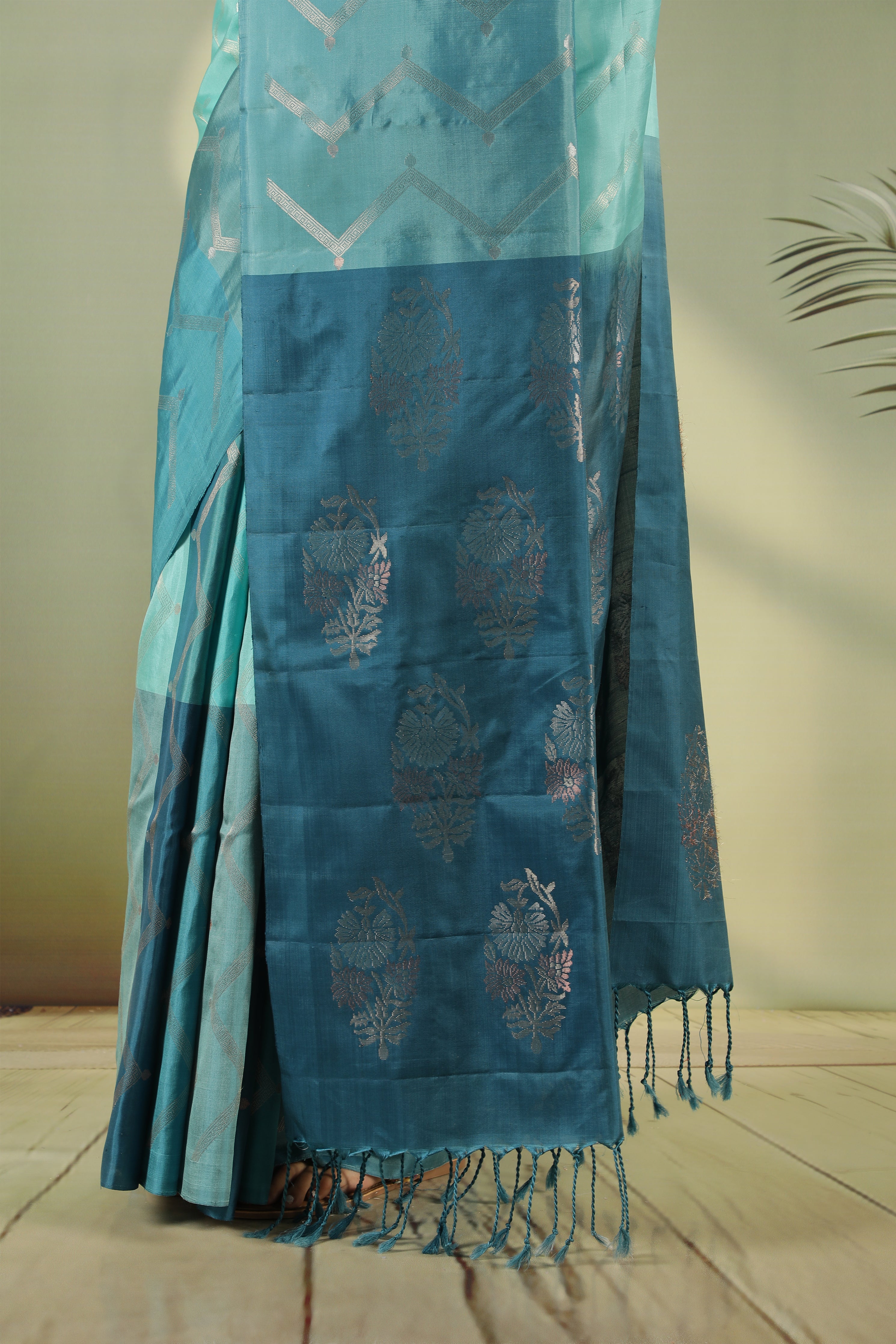 Turquoise Blue Soft Silk Saree with Zari Stripes & Contrast Blouse