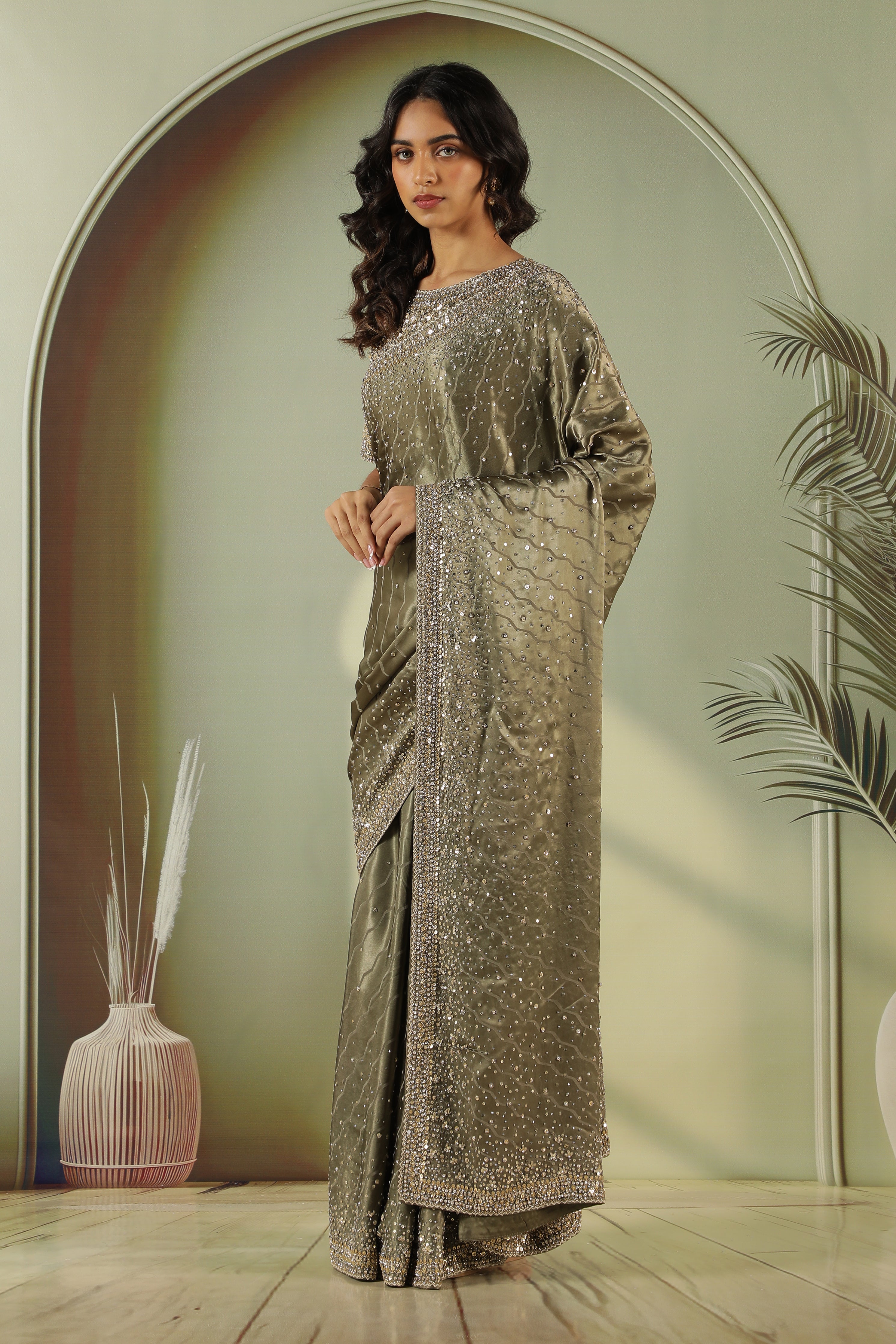 Elephant Green Satin Saree with Full Sequins Work & Readymade Blouse