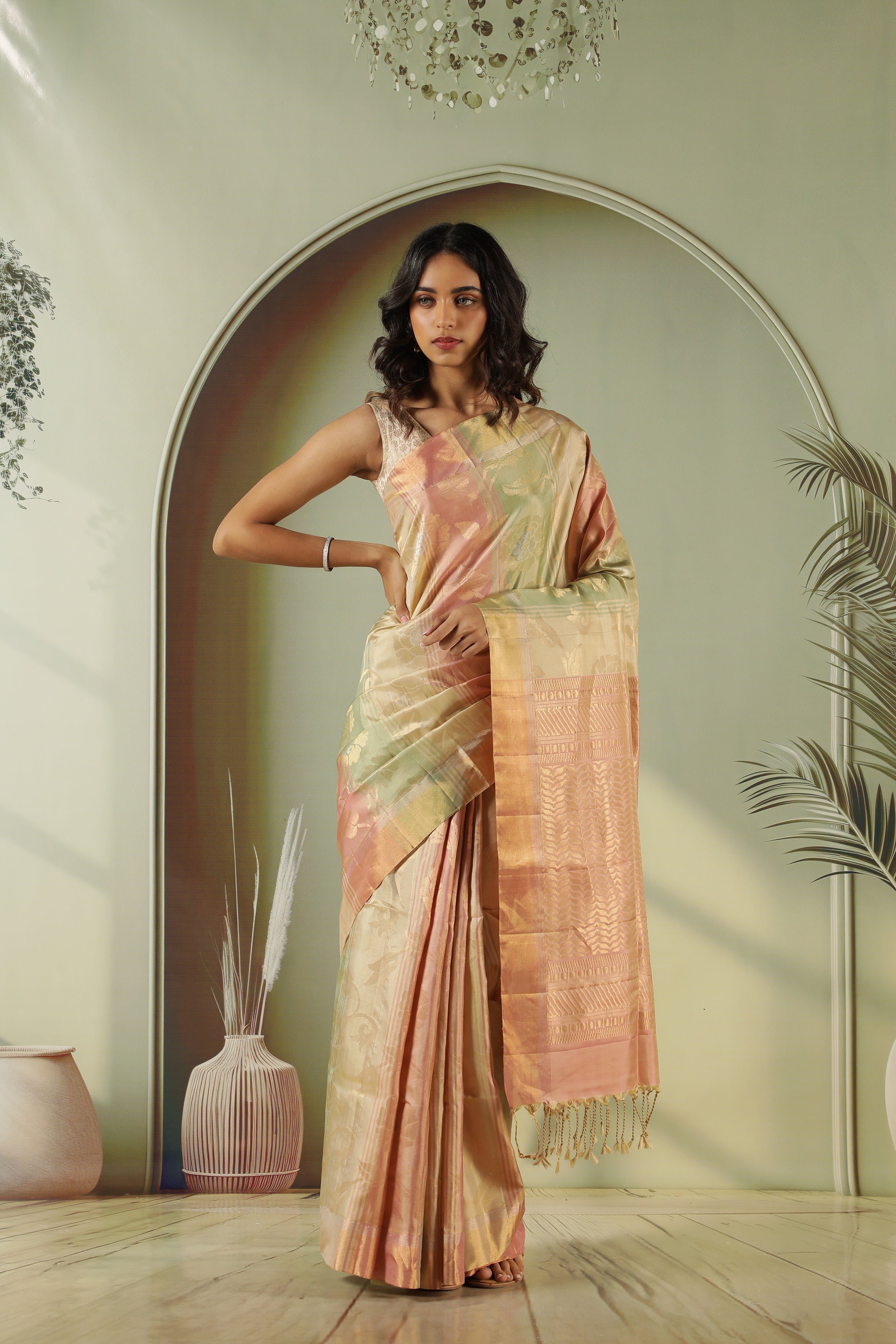 Peach Green Soft Silk Saree with Zari Jaal
