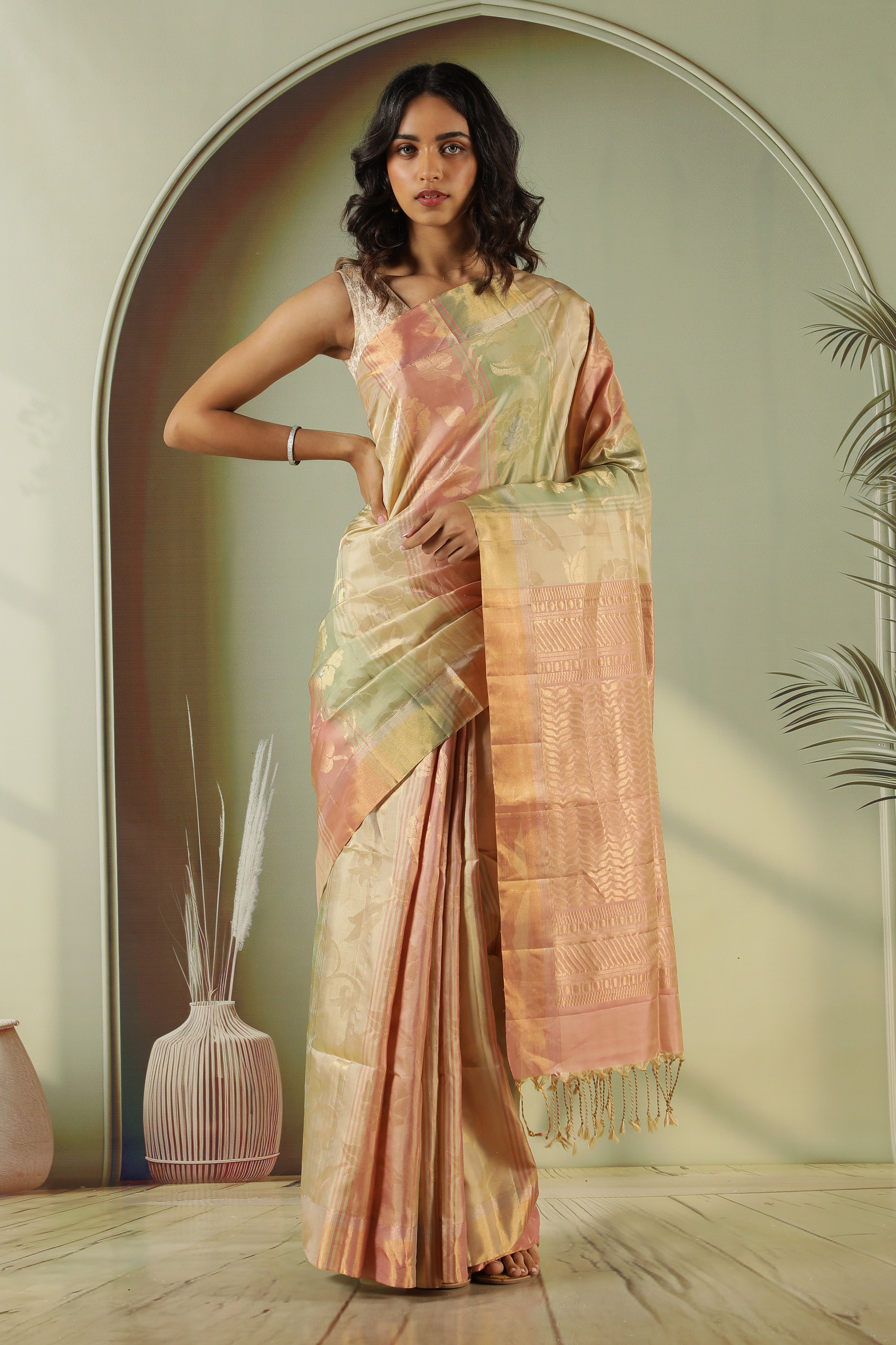Peach Green Soft Silk Saree with Zari Jaal