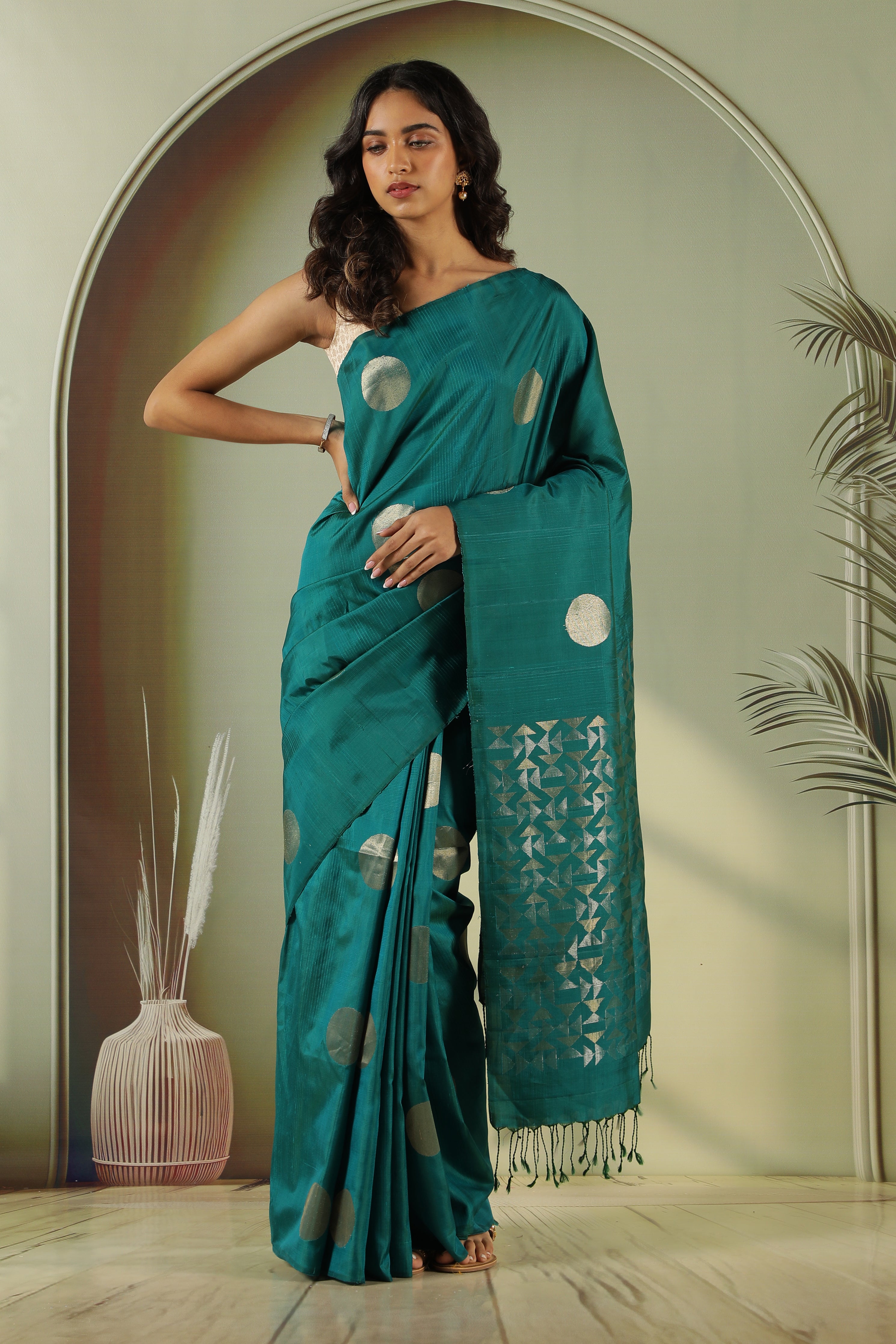 Peacock Green Soft Silk Saree with Coin Butta & Zari Pallu