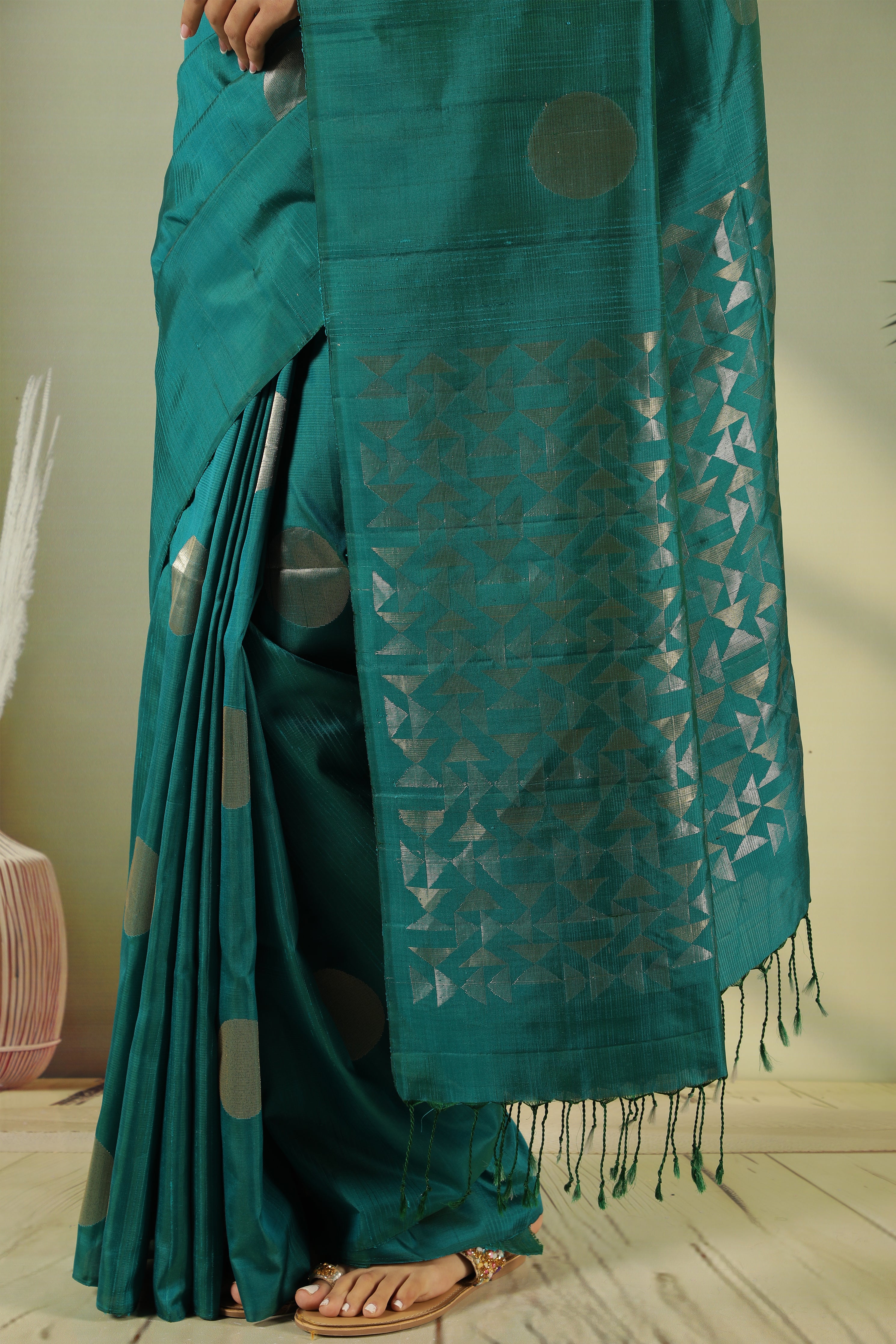 Peacock Green Soft Silk Saree with Coin Butta & Zari Pallu