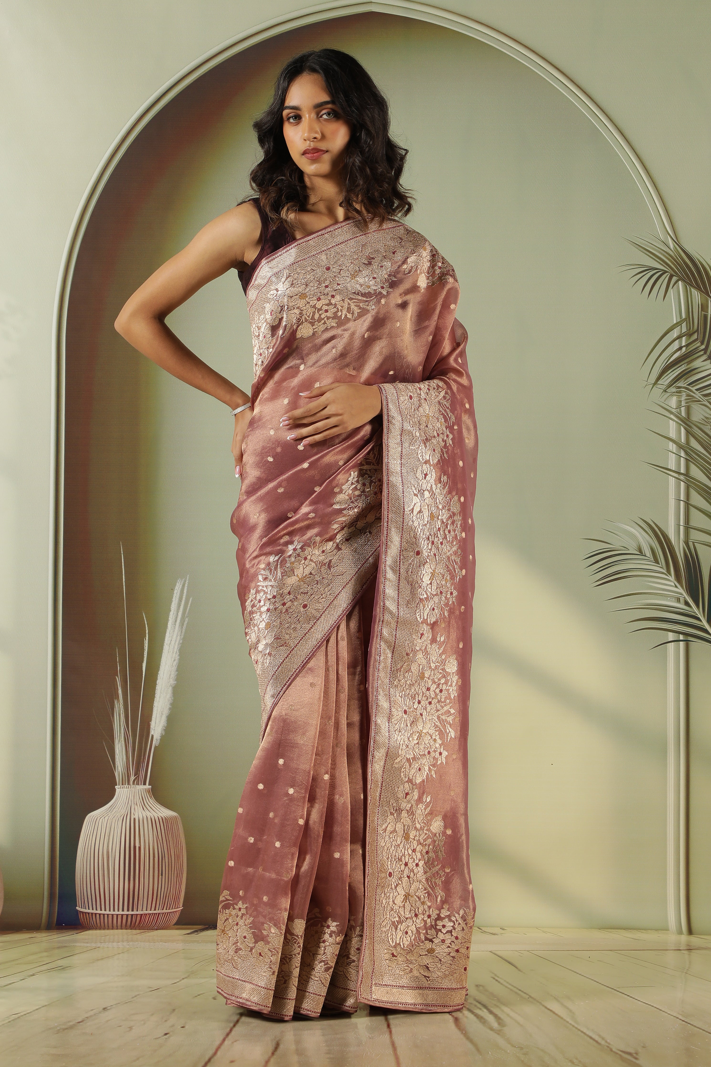 Onion Pink Tissue Saree with Zari Butta & Floral Zari Border