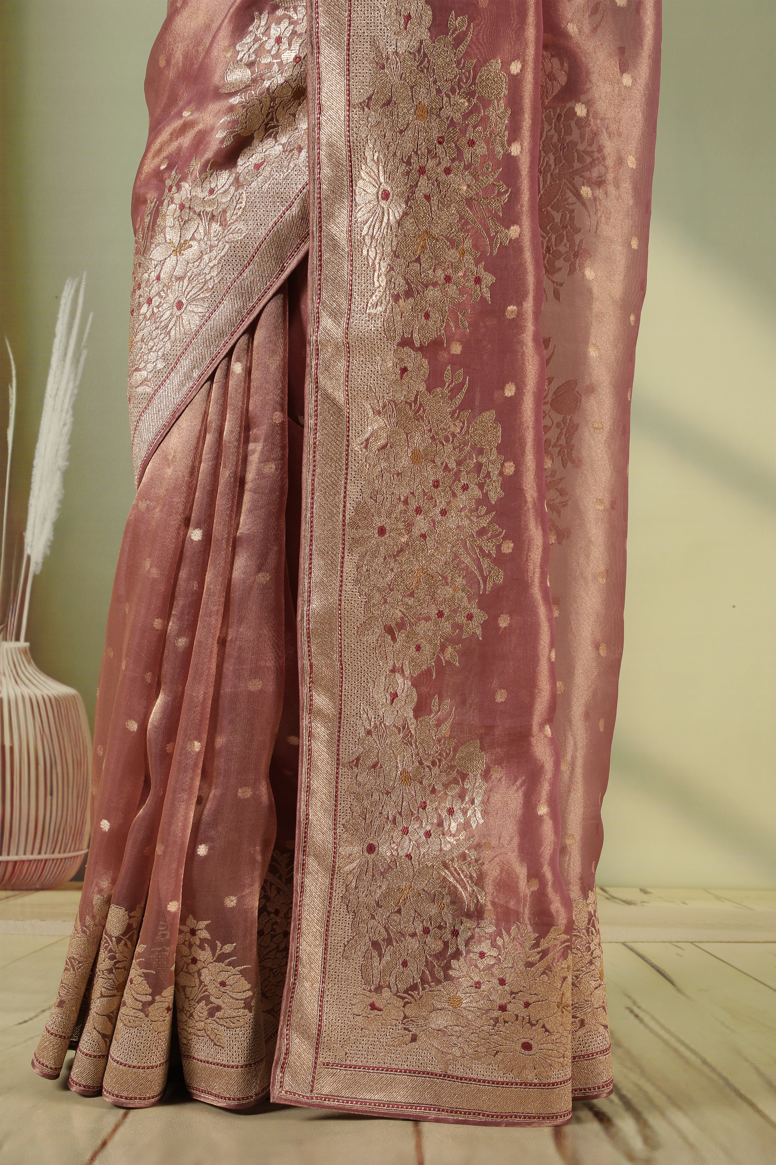 Onion Pink Tissue Saree with Zari Butta & Floral Zari Border