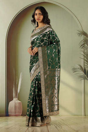 Bottle Green Banaras Silk Saree with Jardhosi Work - Mokshaa