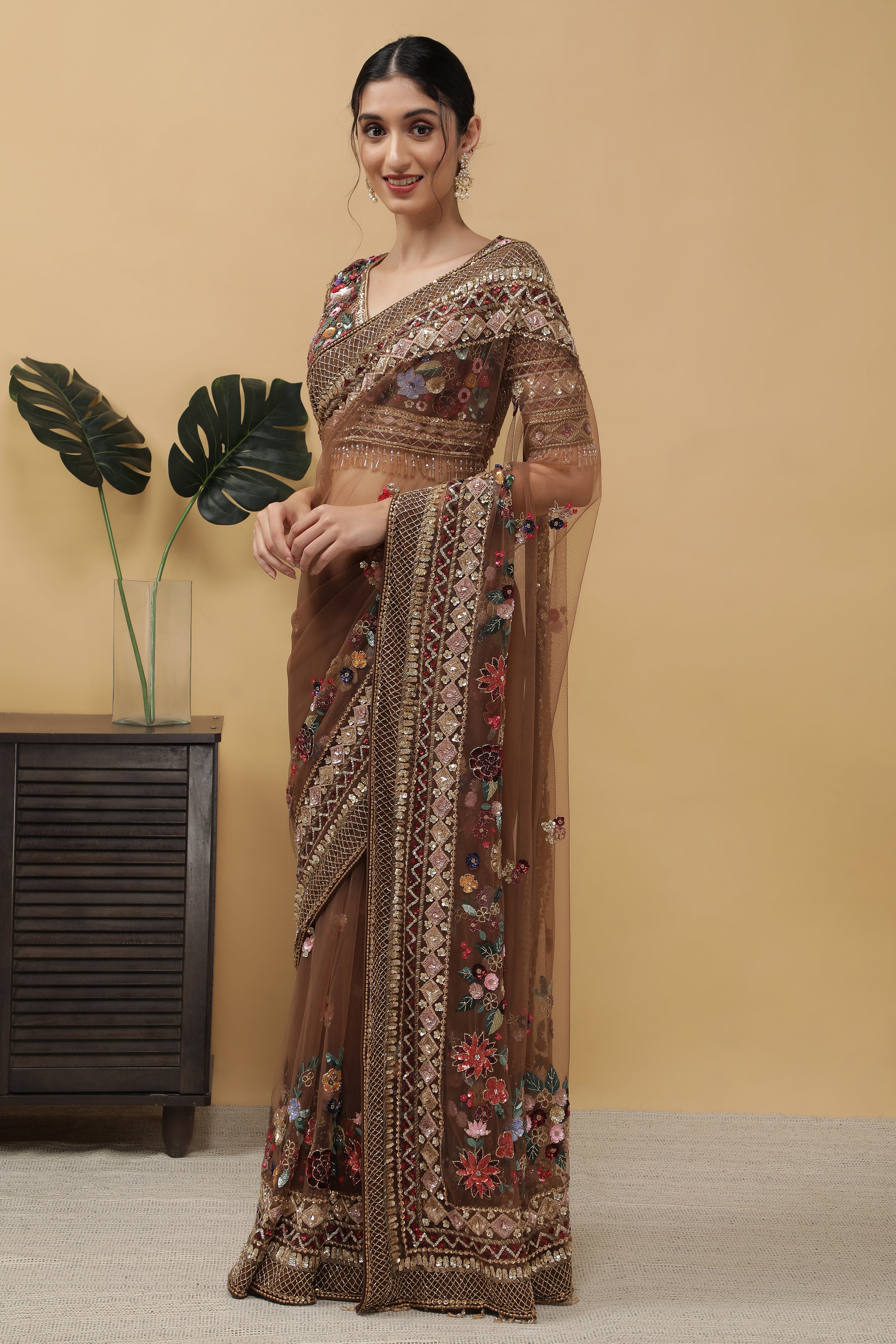 Dark Brown Net Saree - Mokshaa