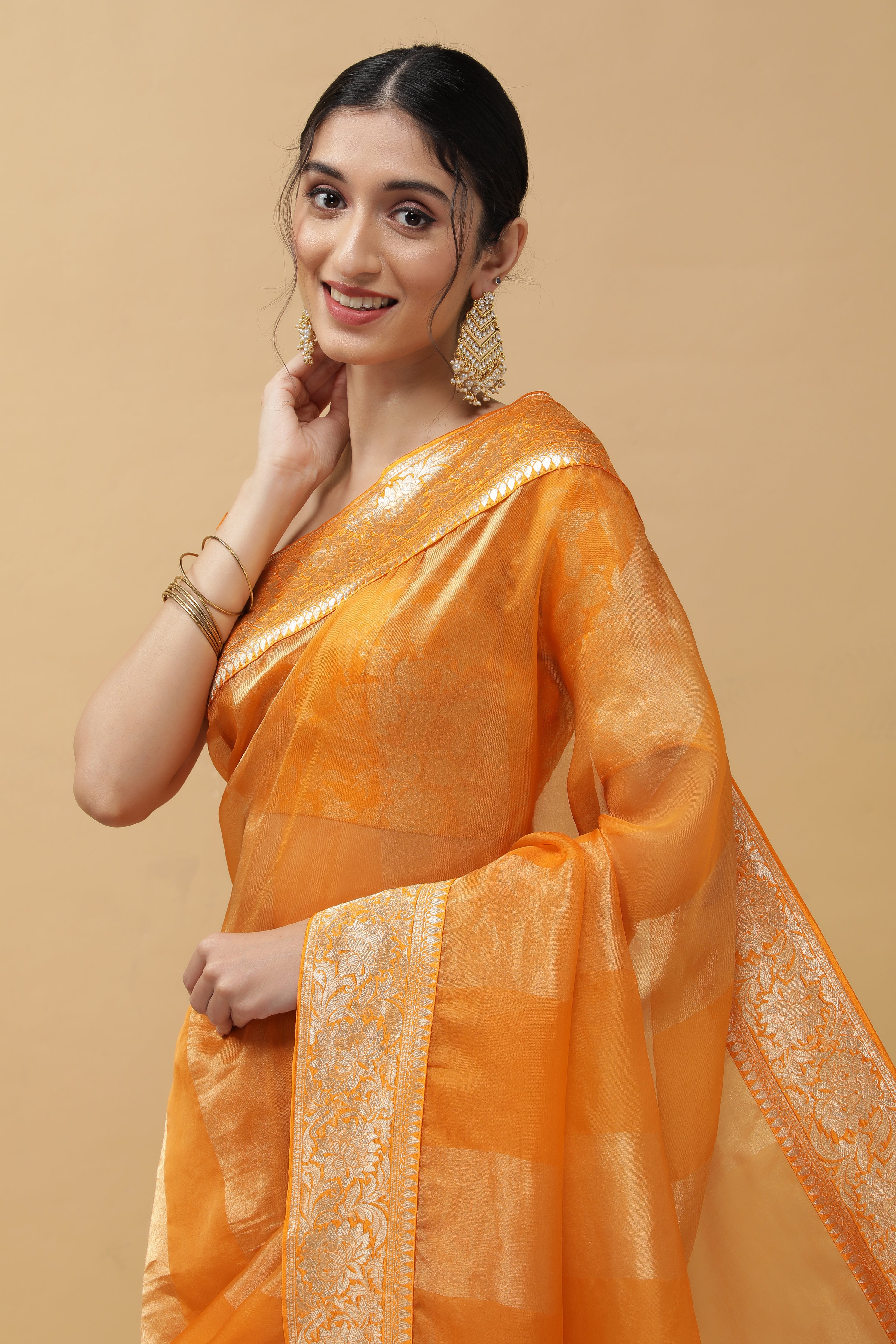 Orange Organza Tissue Saree - Mokshaa