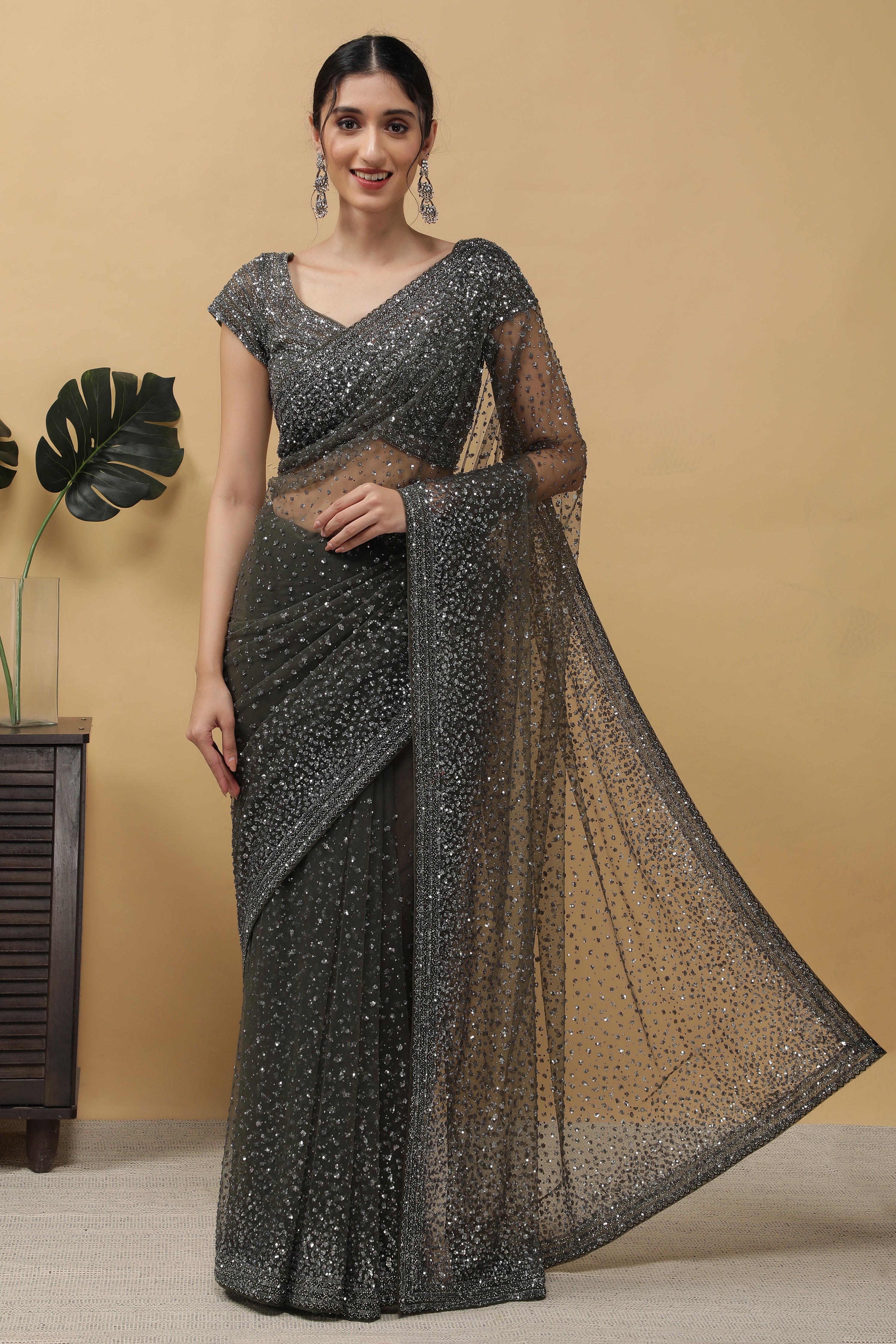 Dusty Green Net Saree - Mokshaa