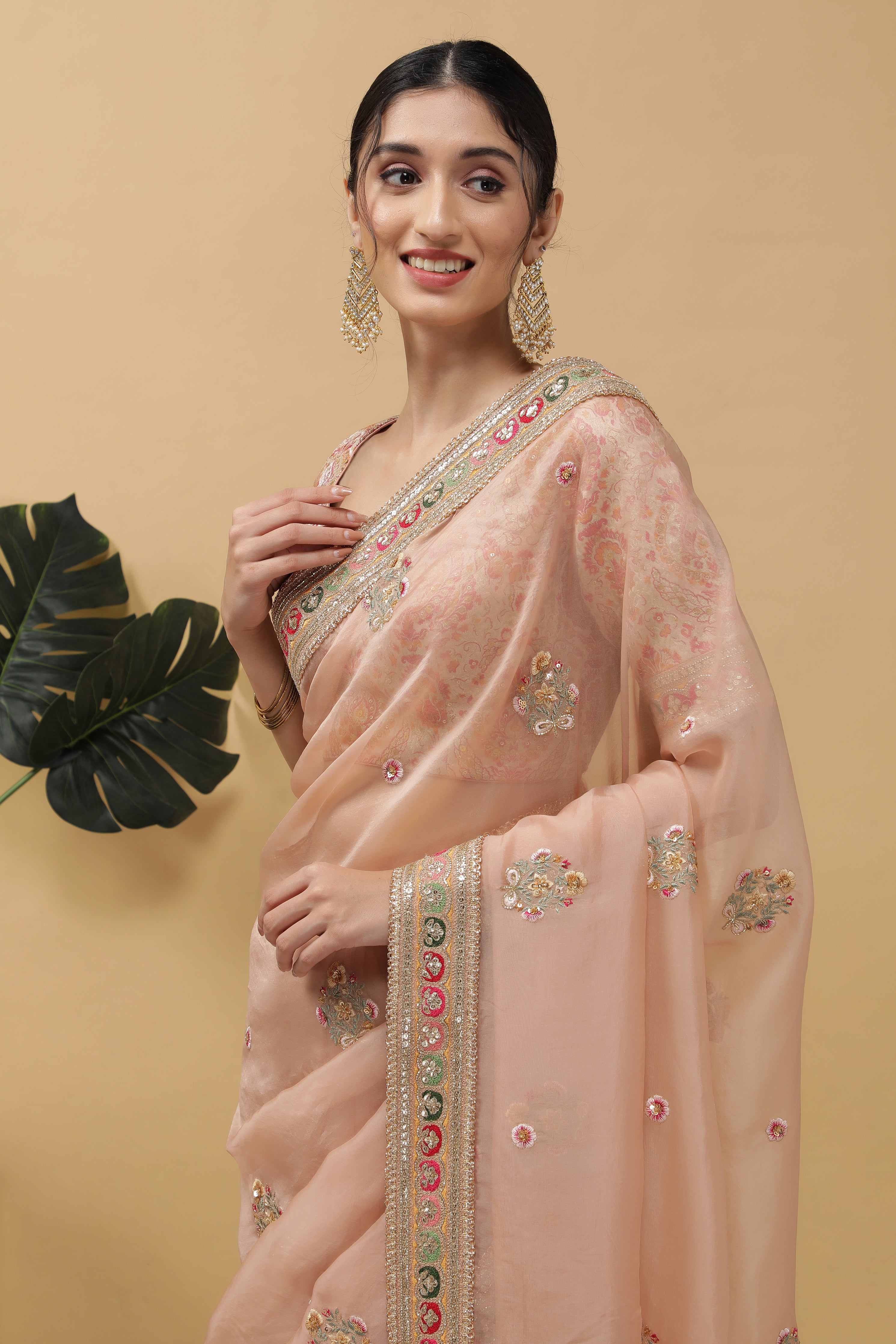 Peach Organza Saree - Mokshaa