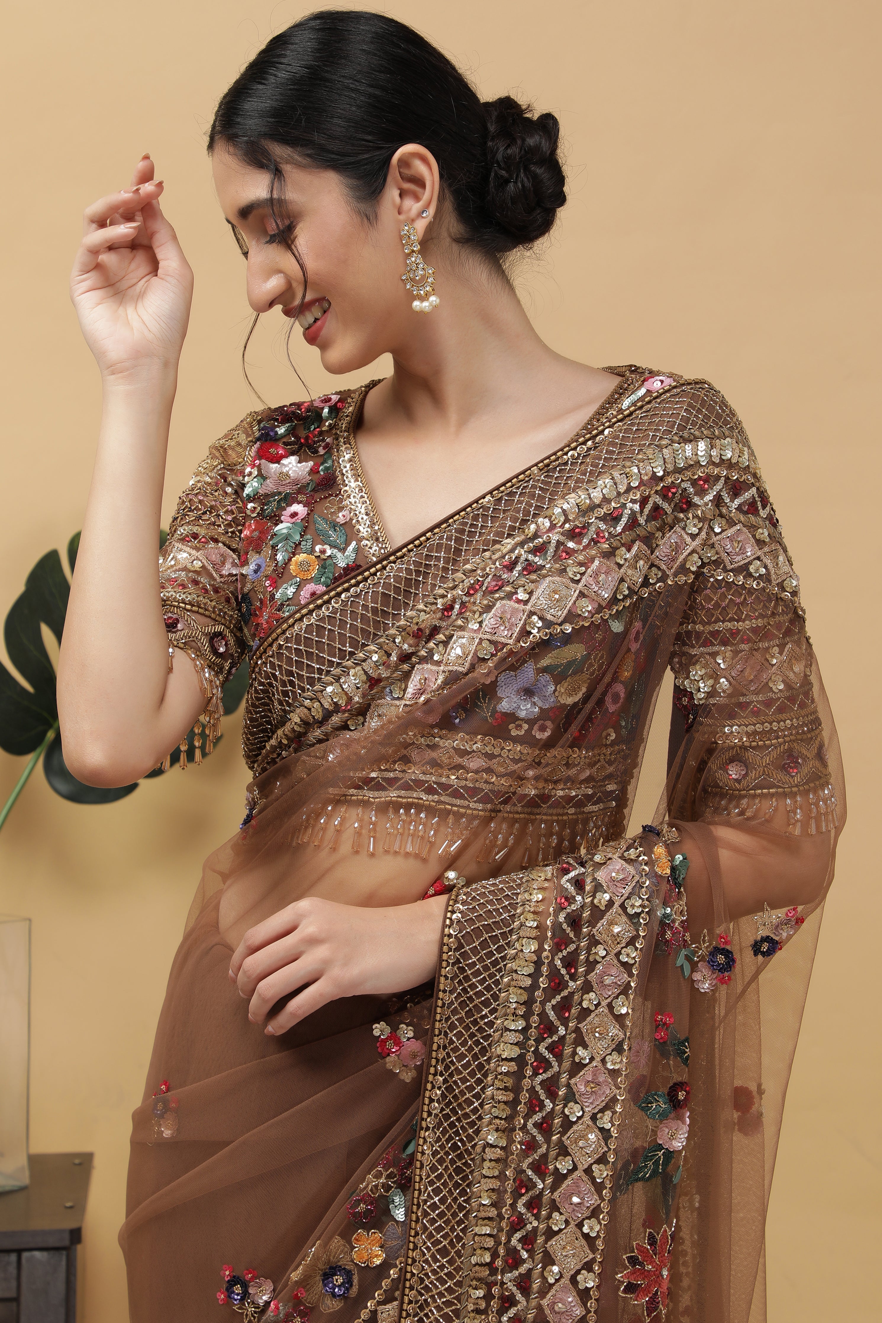 Dark Brown Net Saree