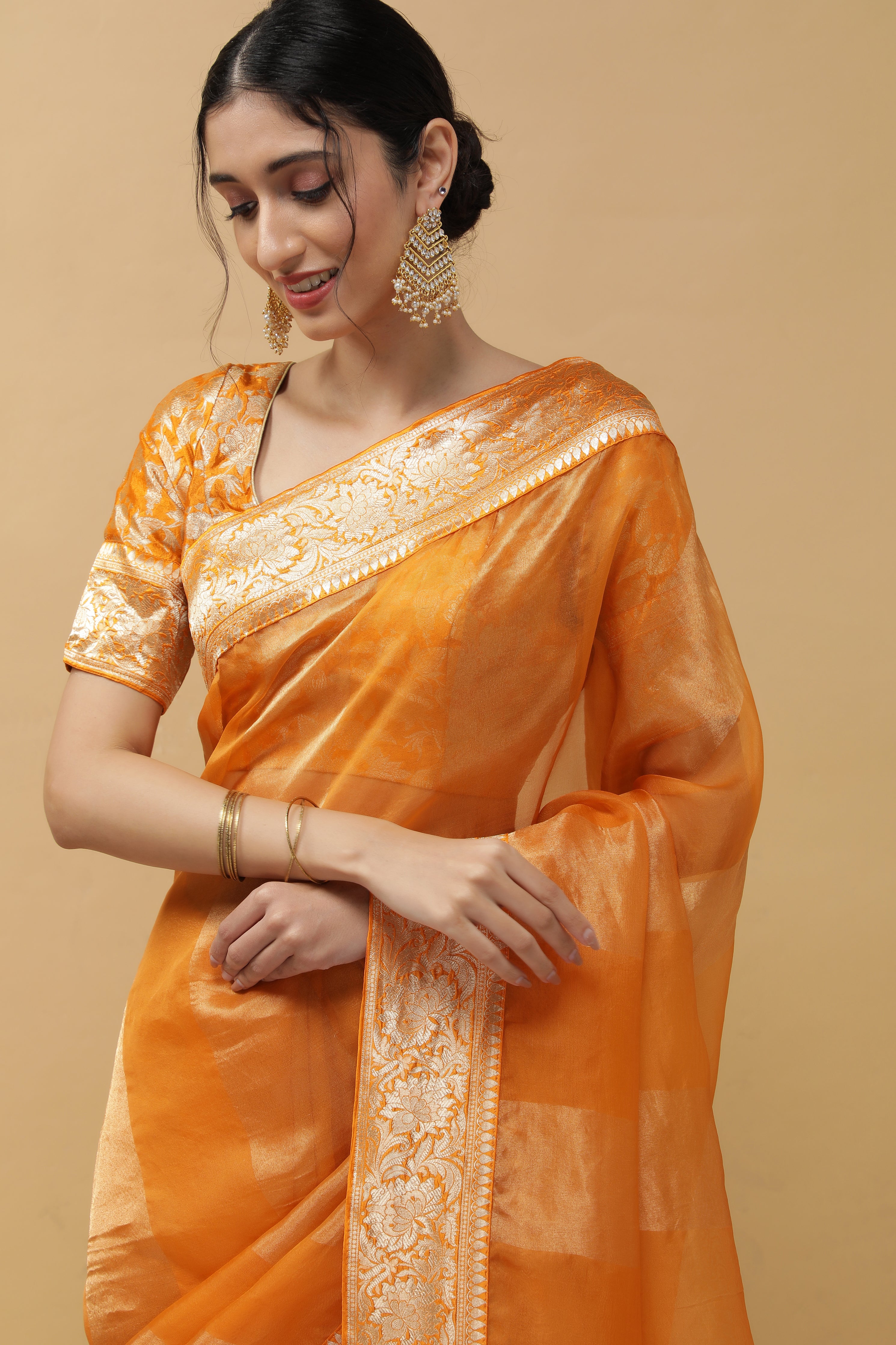 Orange Organza Tissue Saree - Mokshaa