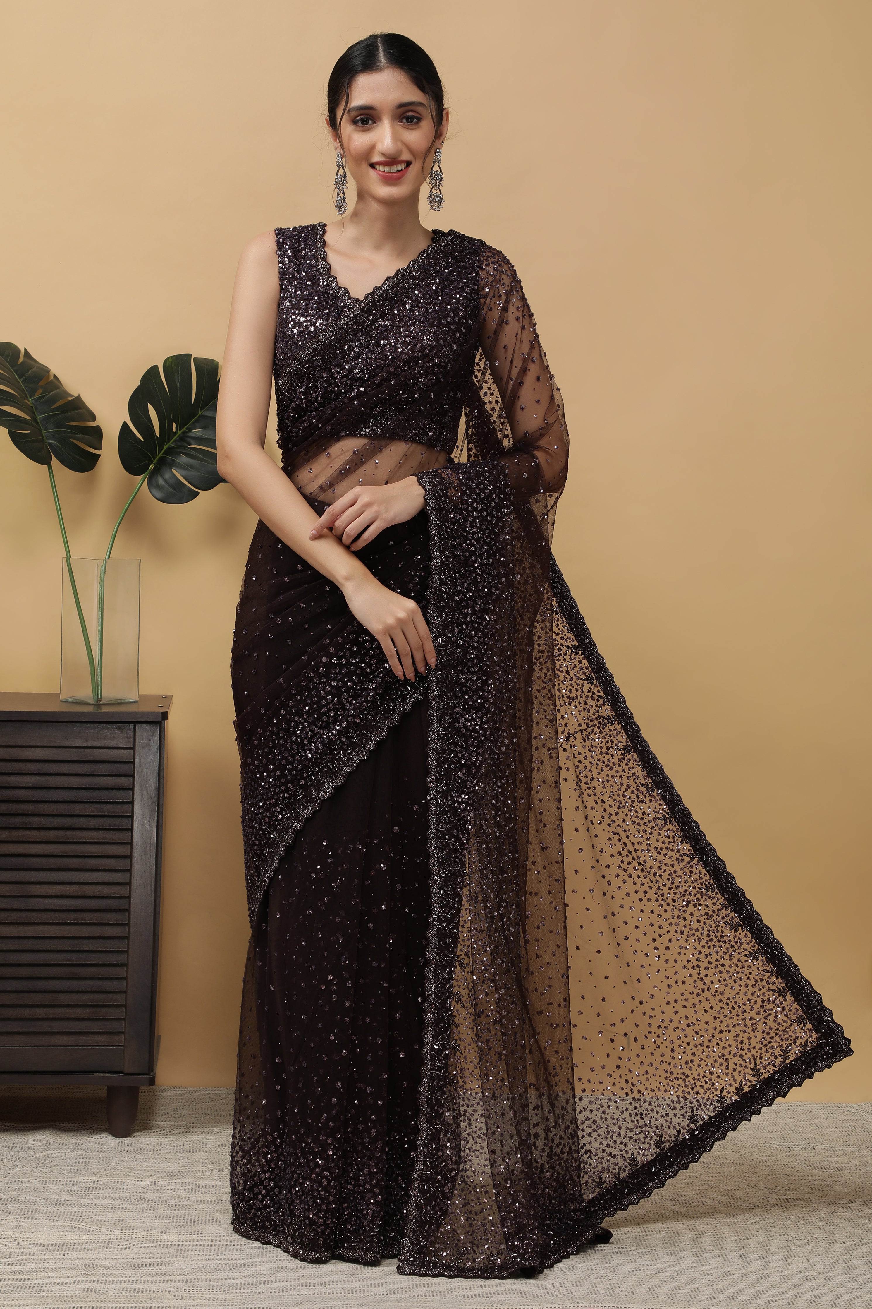 DARK BROWN NET SAREE