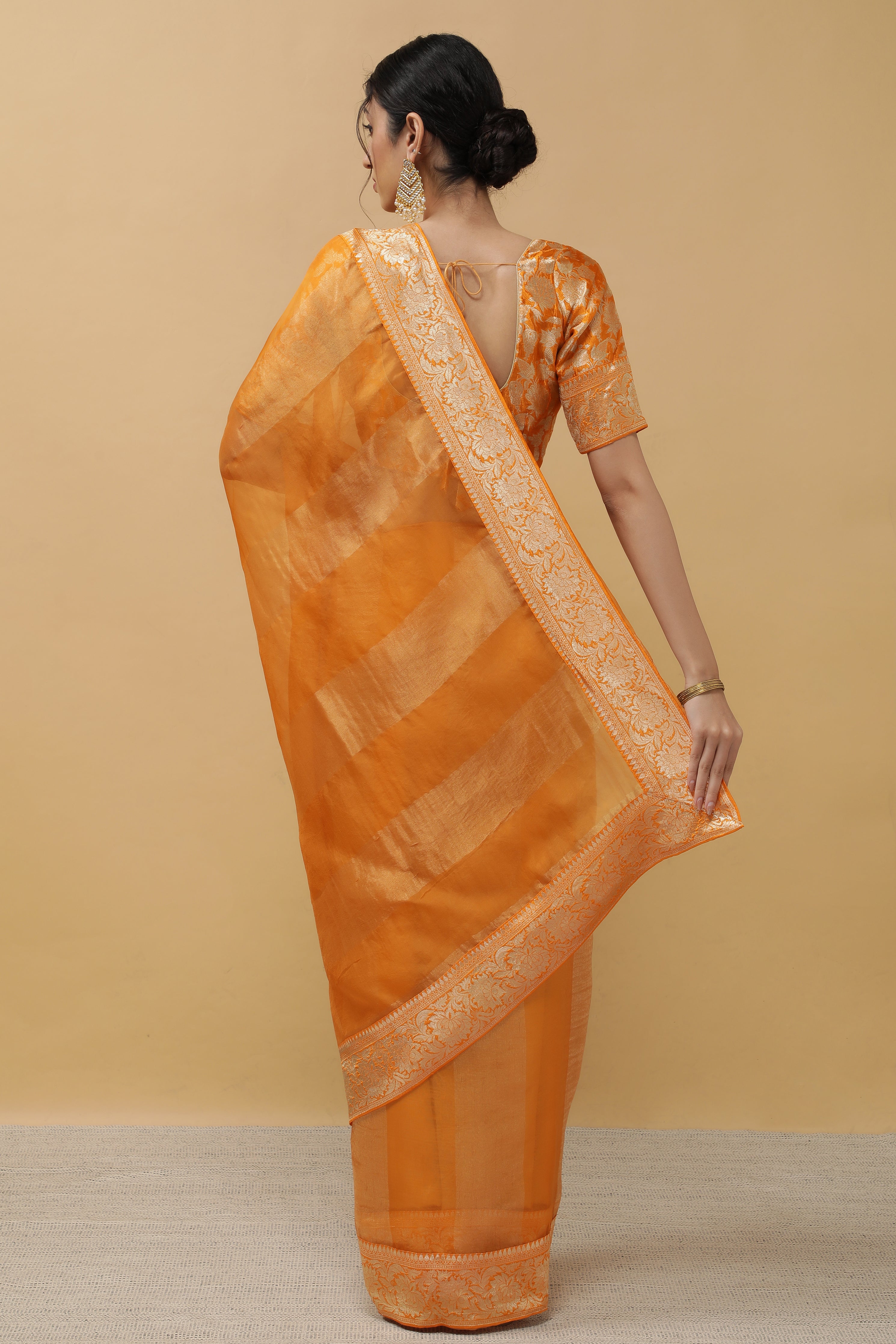 Orange Organza Tissue Saree - Mokshaa