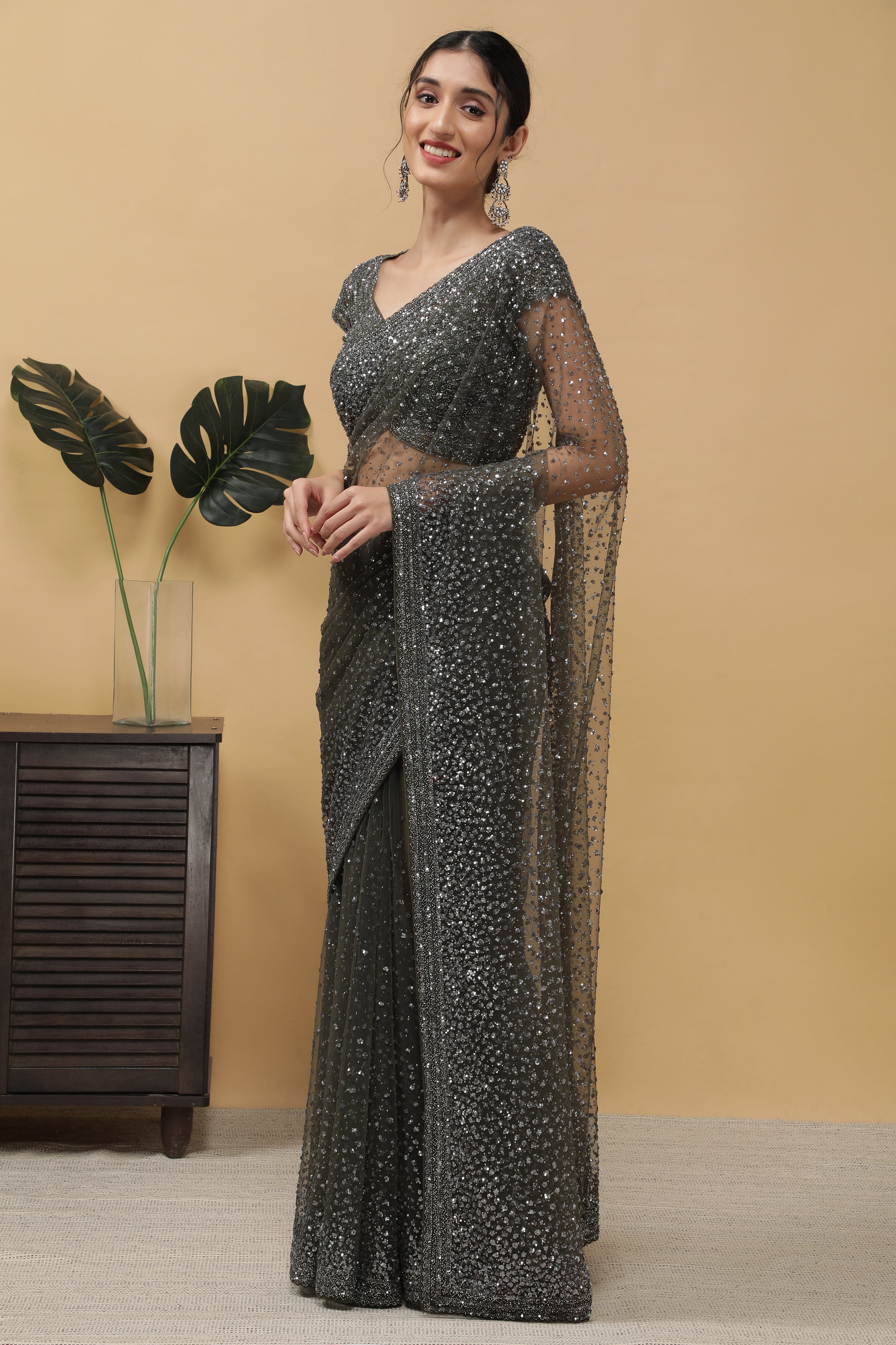 Dusty Green Net Saree