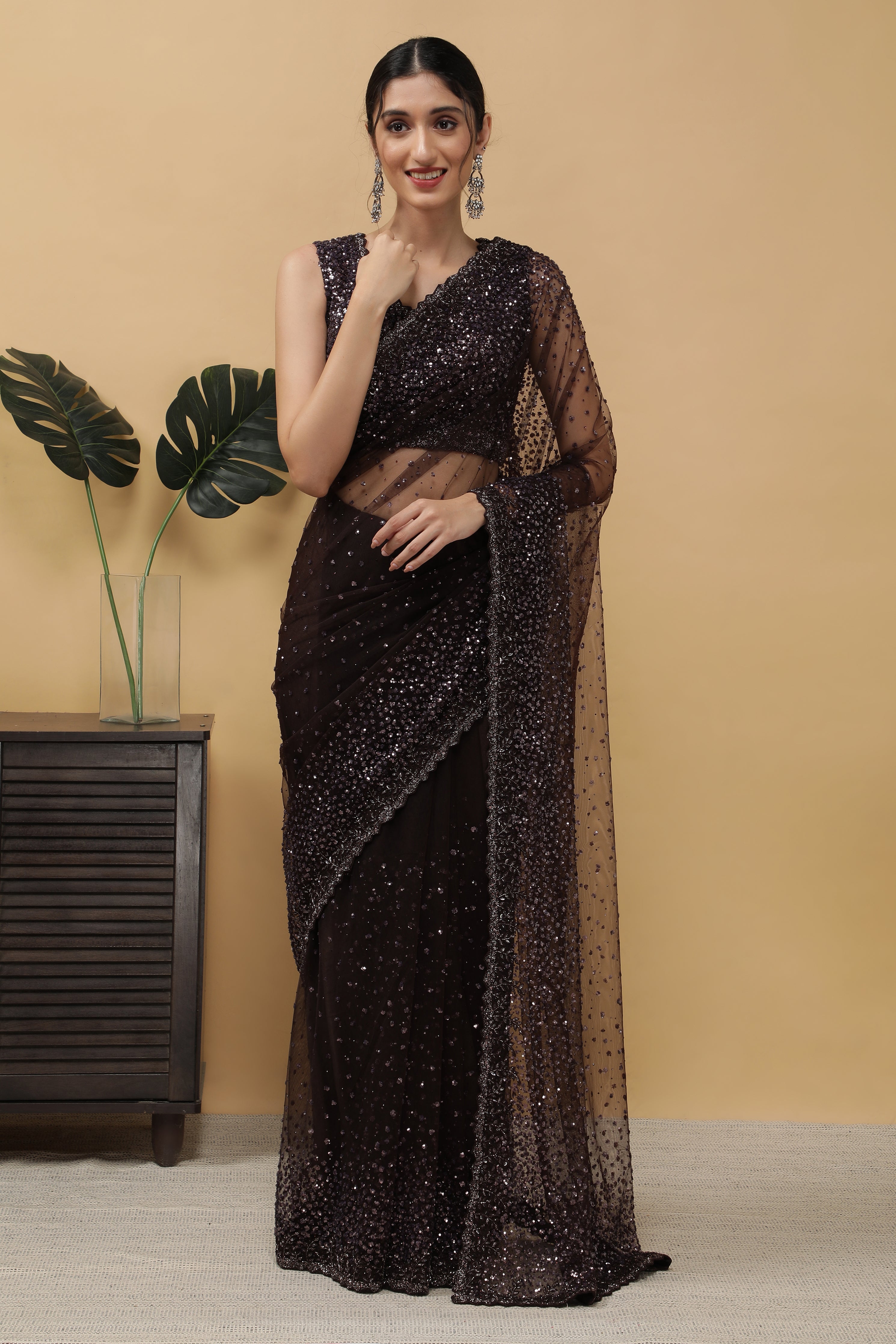 DARK BROWN NET SAREE