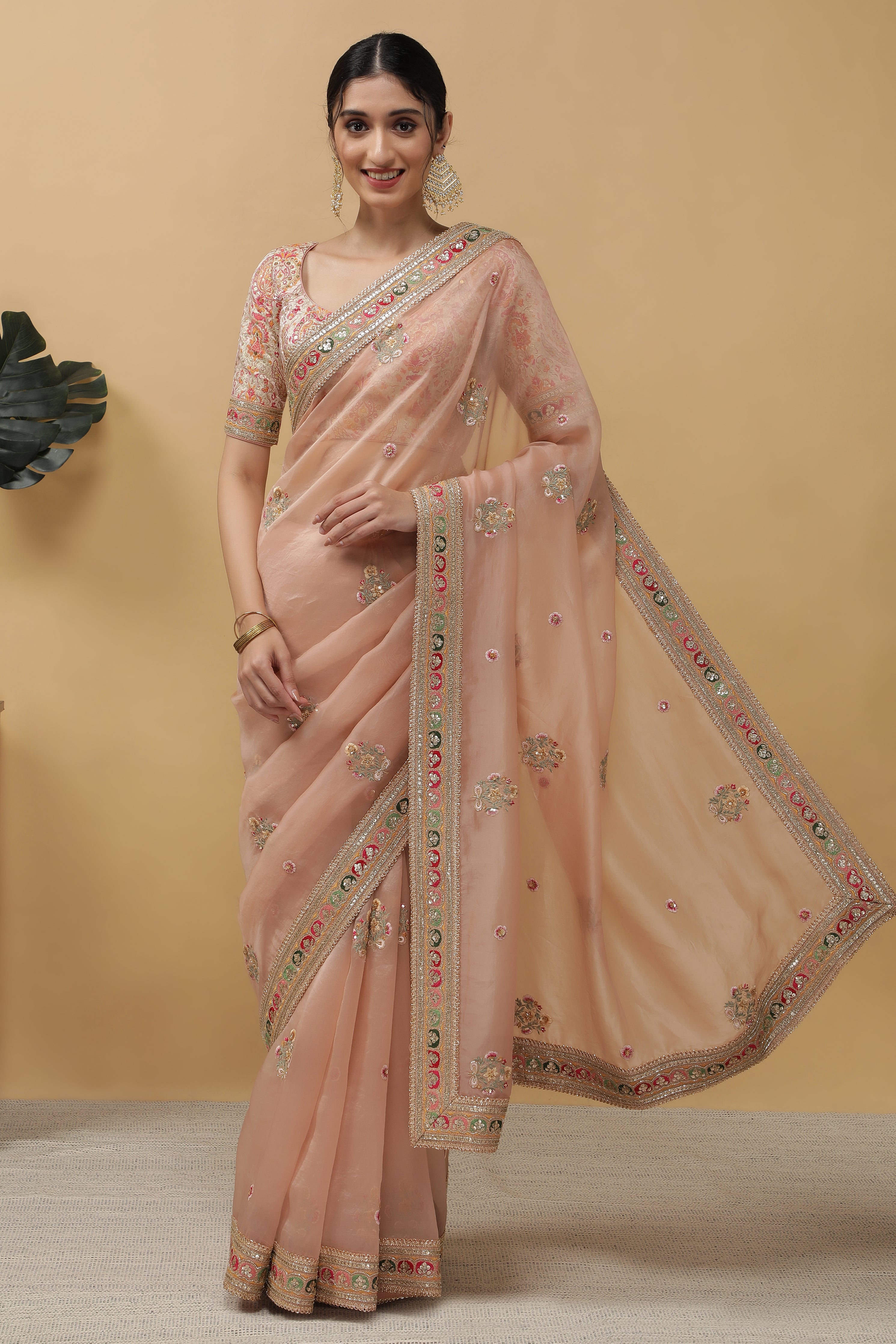 Peach Organza Saree - Mokshaa